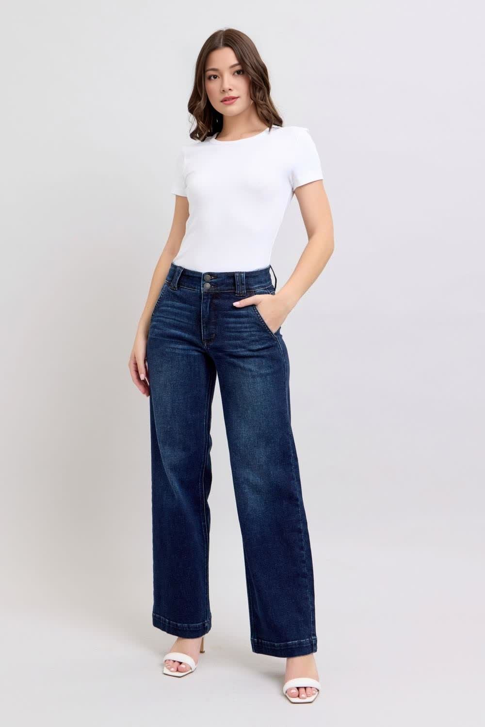 High Rise Double Button Wide Leg Jeans (Buy 2 Free Shipping)