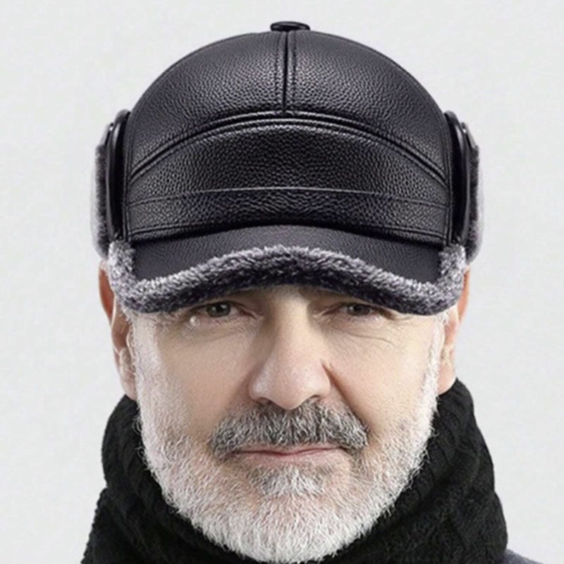🧢🐂New Men's Winter Hat with Sheepskin Flat Top Earmuffs
