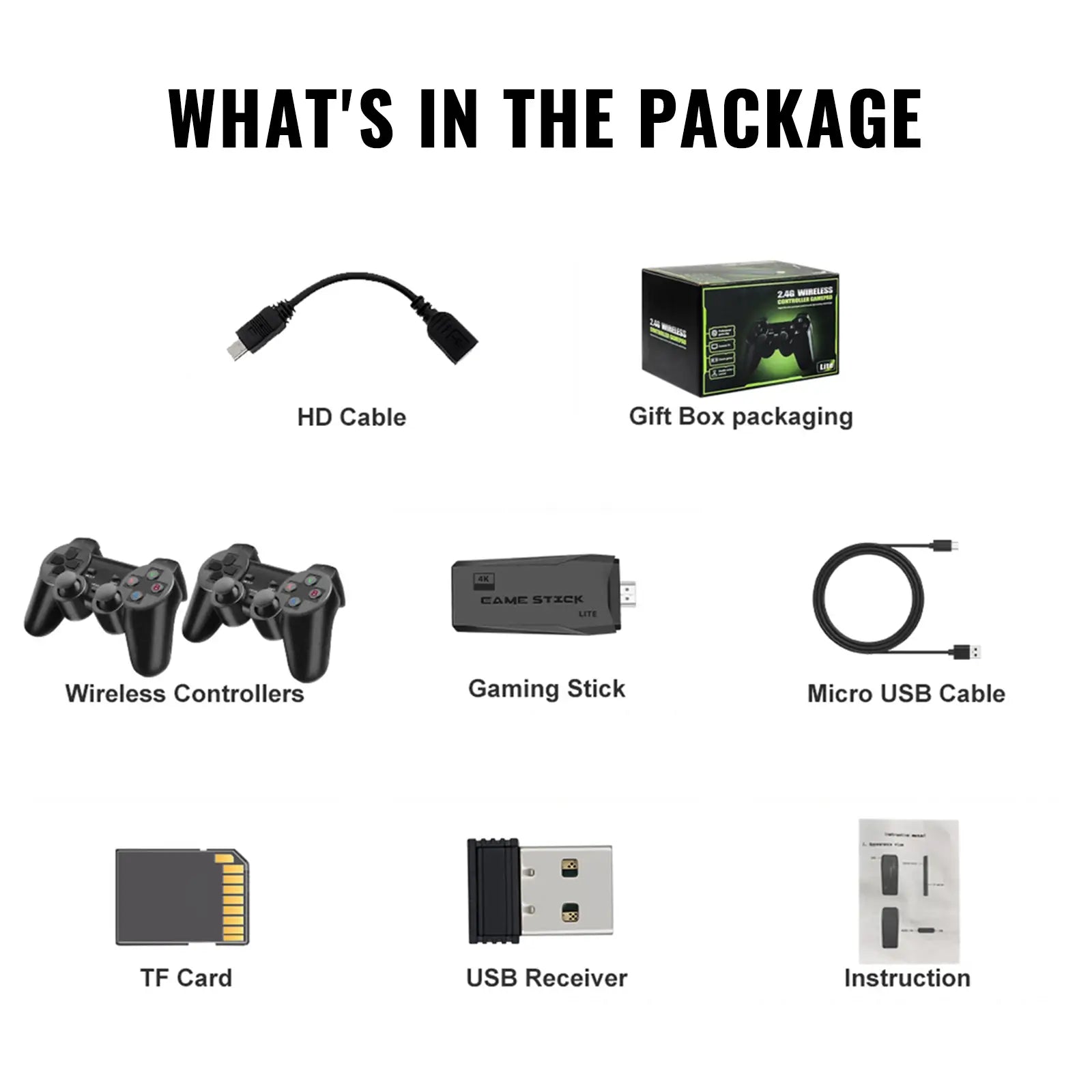 An image displaying the contents included in the package of a gaming stick set, which are HD Cable, Gift Box packaging, Wireless Controllers, Gaming Stick, Micro USB Cable, TF Card, USB Receiver, and Instruction.