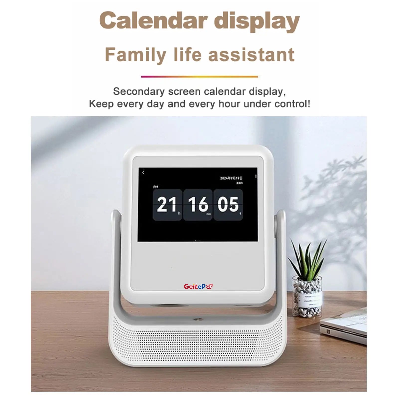 The A2 Pro smart projector screen showing a calendar and clock display, highlighting its function as a "family life assistant." The image is set in a home environment with a plant in the background.