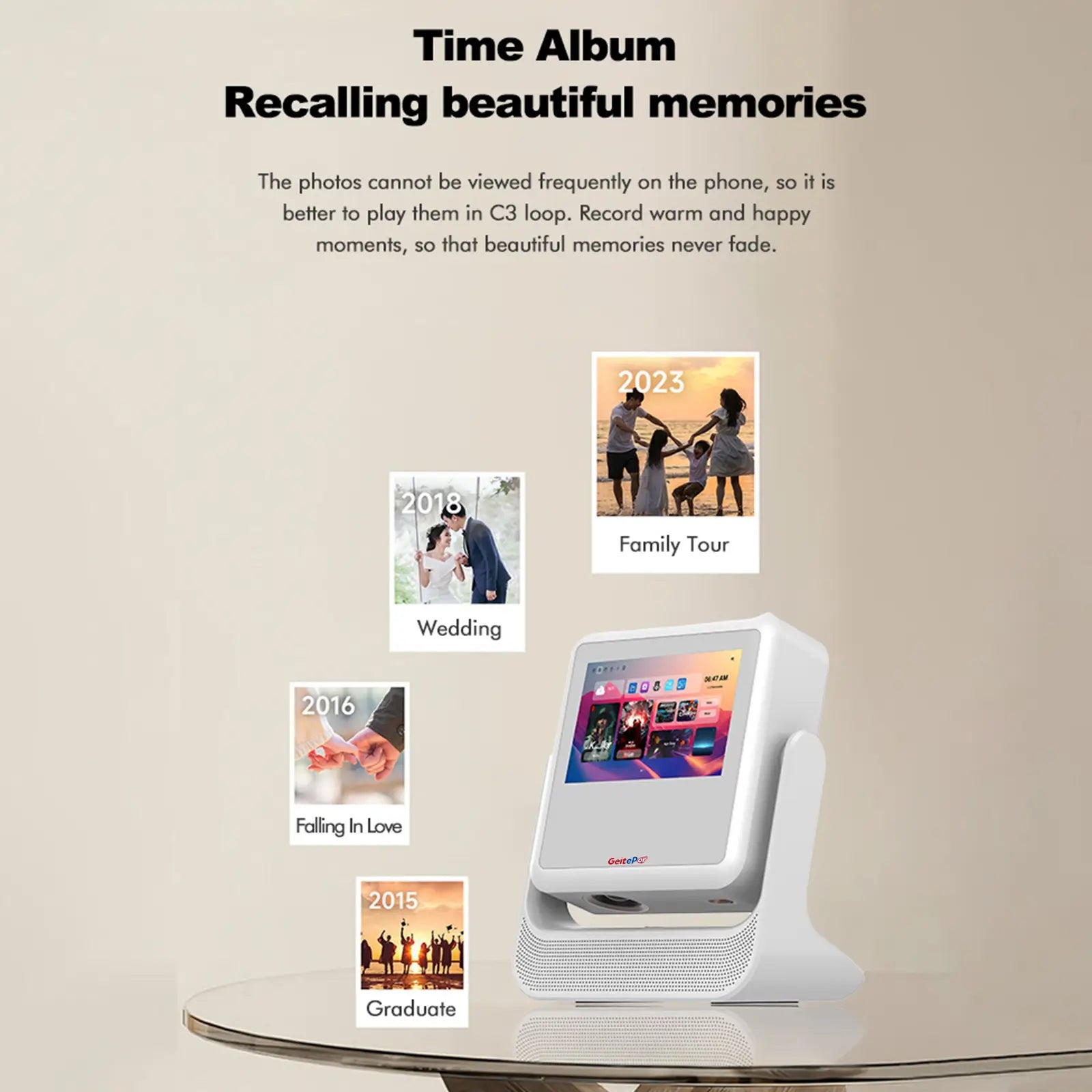 The A2 Pro smart projector displaying a digital photo album on its screen, with small example photos of family memories floating around it. This showcases its use for recalling and sharing beautiful moments.