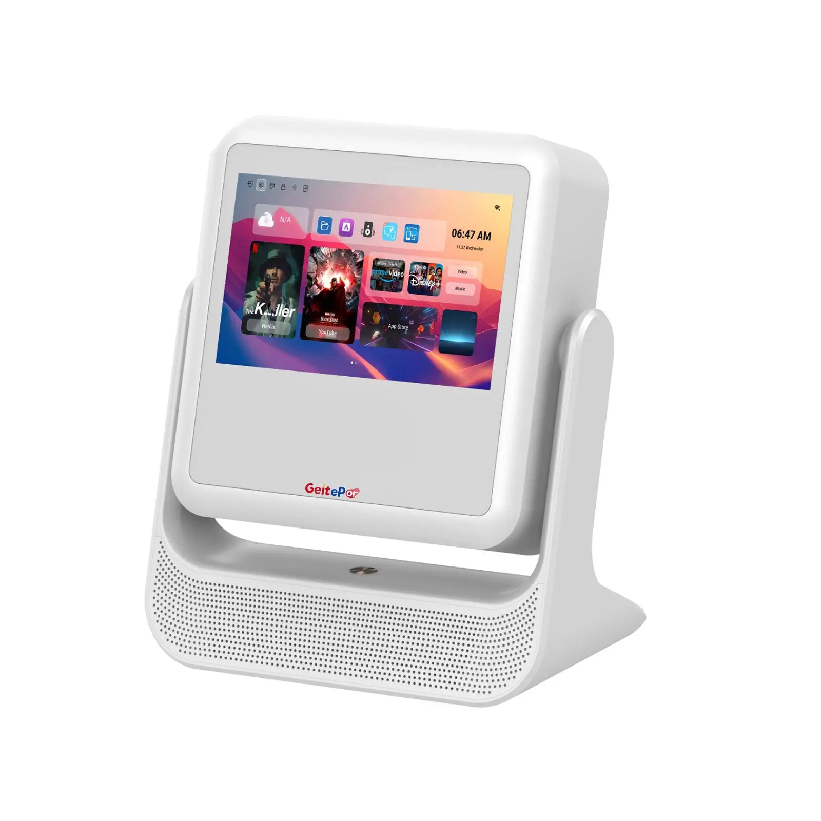 A full view of the A2 Pro smart projector, shown in tablet mode with a clean white design. The touch screen displays a modern user interface with various app icons, showcasing its dual-functionality.