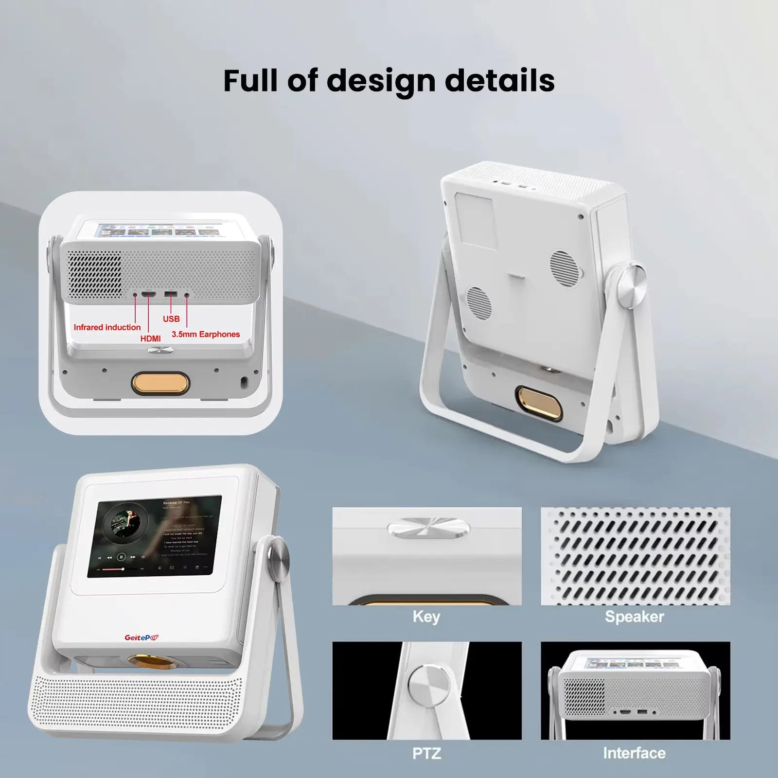 A detailed view of the A5 Pro projector's design and features, including close-ups of its interface ports (USB, HDMI), speaker vents, and key controls.