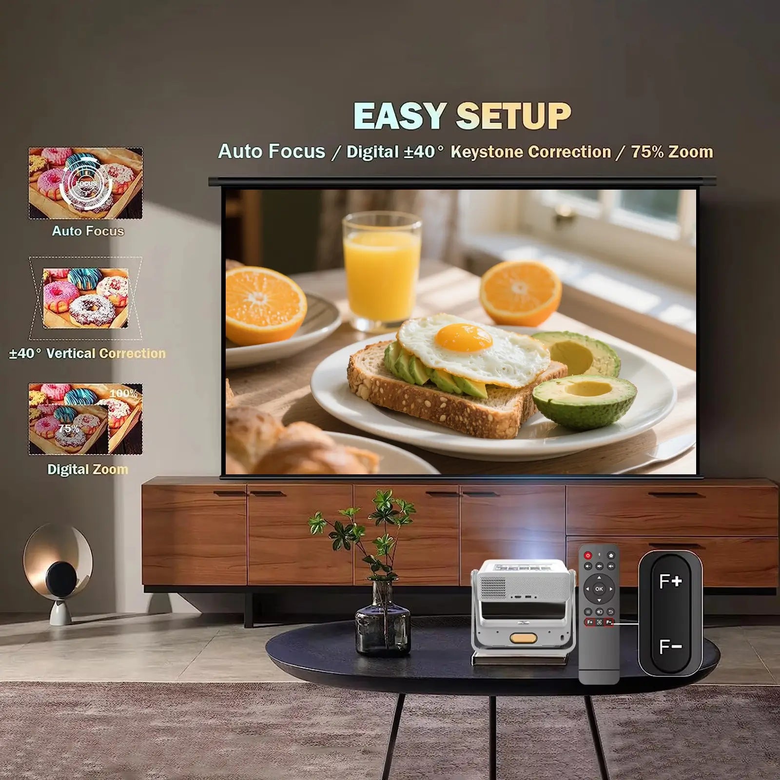 A A5 Pro projector in a living room setup, highlighting its easy setup features including auto-focus, digital keystone correction, and 75% digital zoom, with a remote control shown next to it.