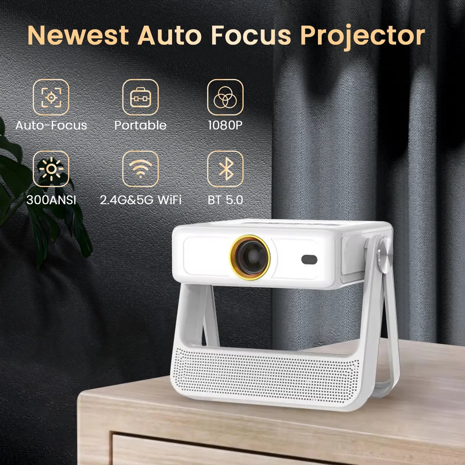 An overview of the A5 Pro projector's key features, including auto-focus, portability, 1080P support, 300 ANSI lumens, 2.4G & 5G WiFi, and Bluetooth 5.0.