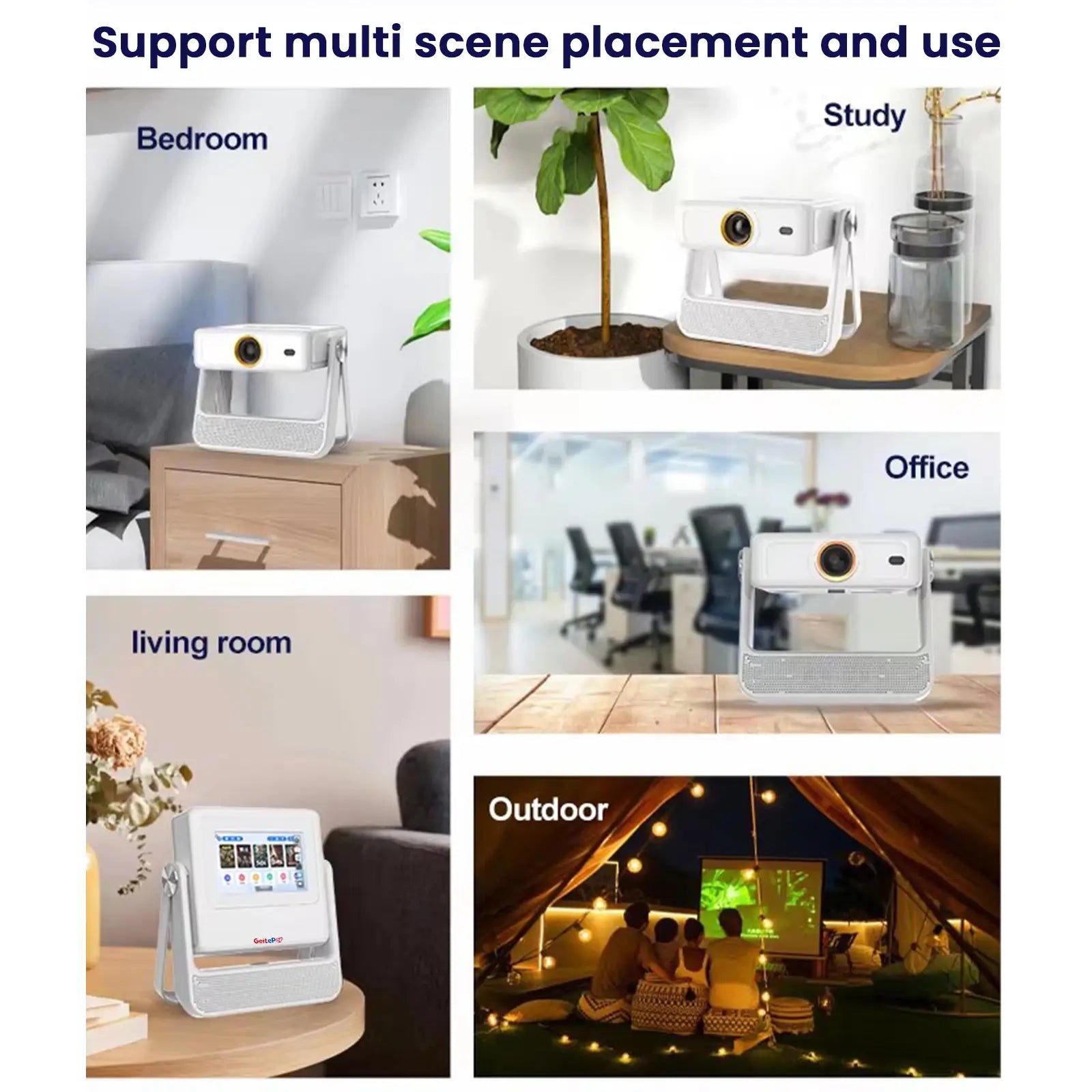 A collage of images showing the A5 Pro projector being used in various settings, including the bedroom, study, office, living room, and outdoors, highlighting its versatility and portability.