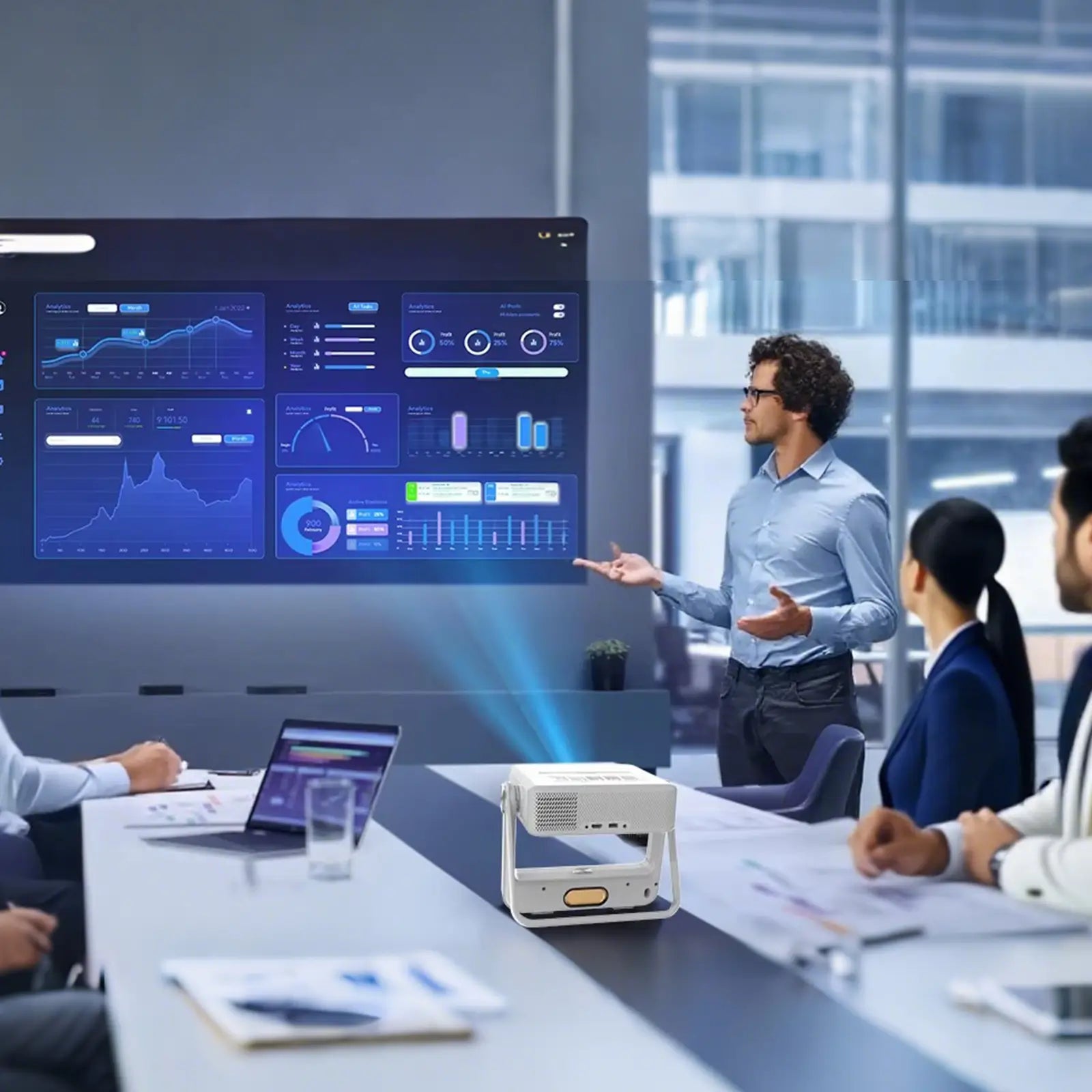 The A5 Pro projector being used for a business presentation in a modern office, showcasing its use in a professional setting and its ability to project clear data and charts.