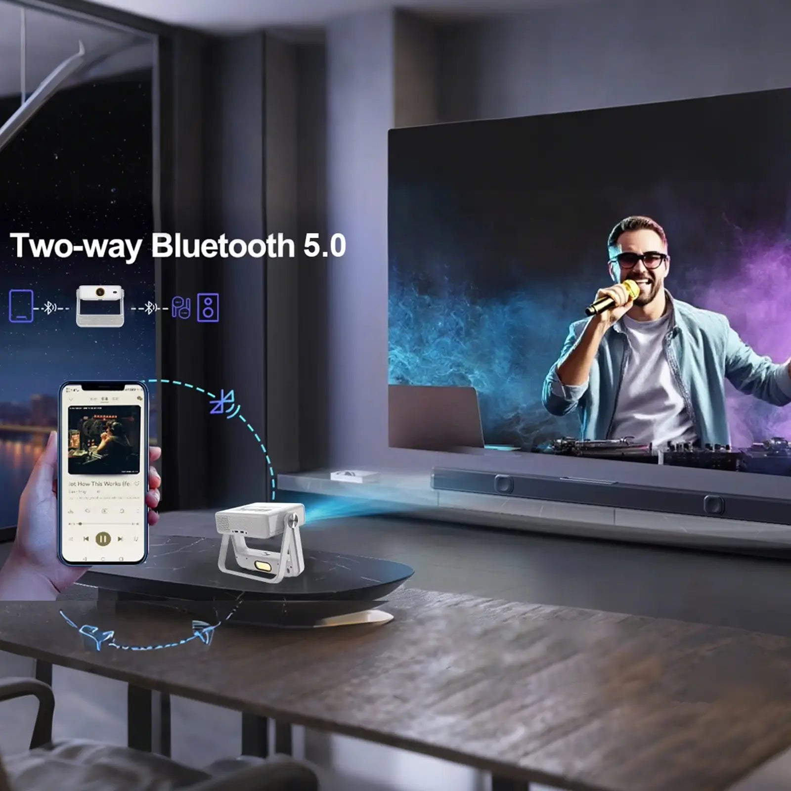 A visual demonstration of the A5 Pro's two-way Bluetooth 5.0 connectivity, showing how it can stream audio from a phone or act as a speaker for other devices.