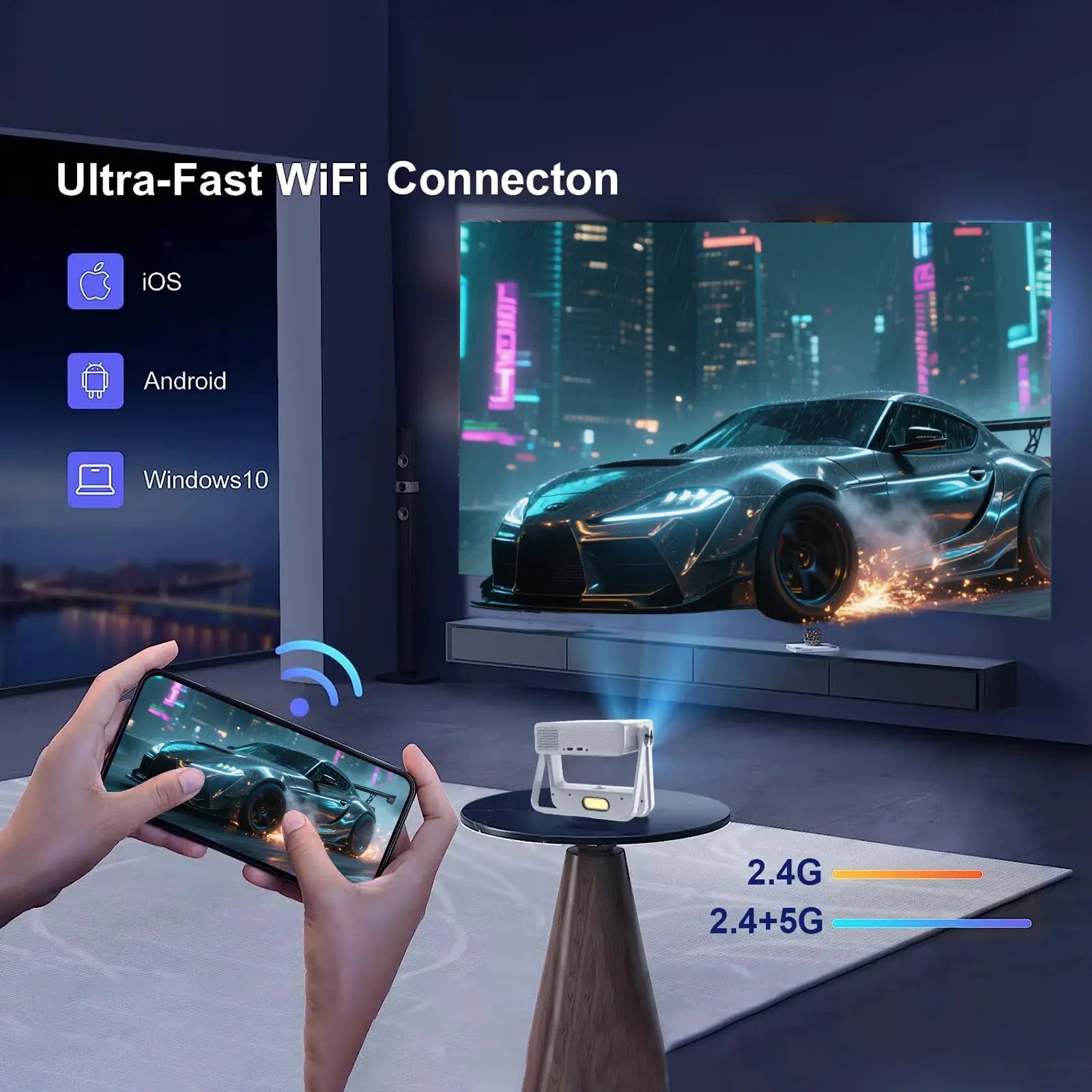 The A5 Pro smart projector demonstrating its ultra-fast dual-band Wi-Fi connectivity by mirroring a phone screen. It shows compatibility with iOS, Android, and Windows 10 devices.