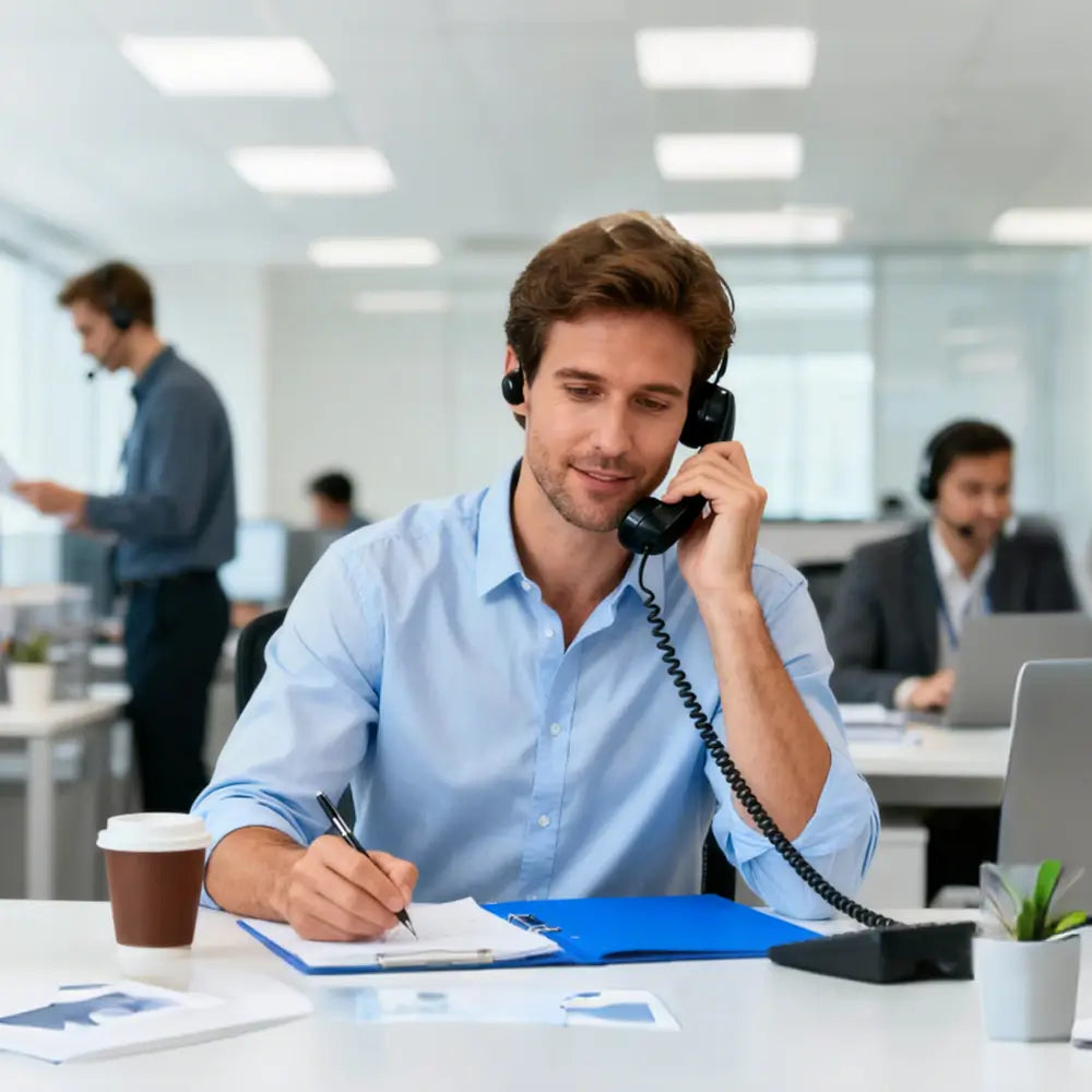 Customer support representative answering a phone call in a modern office — Contact us