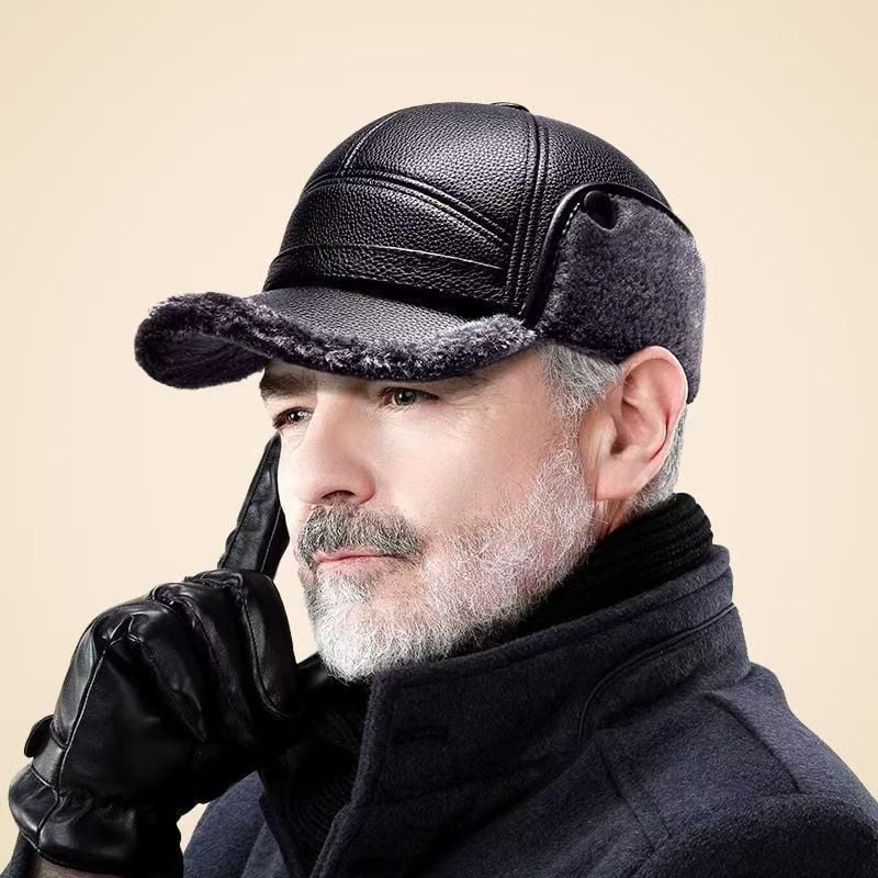 🧢🐂New Men's Winter Hat with Sheepskin Flat Top Earmuffs