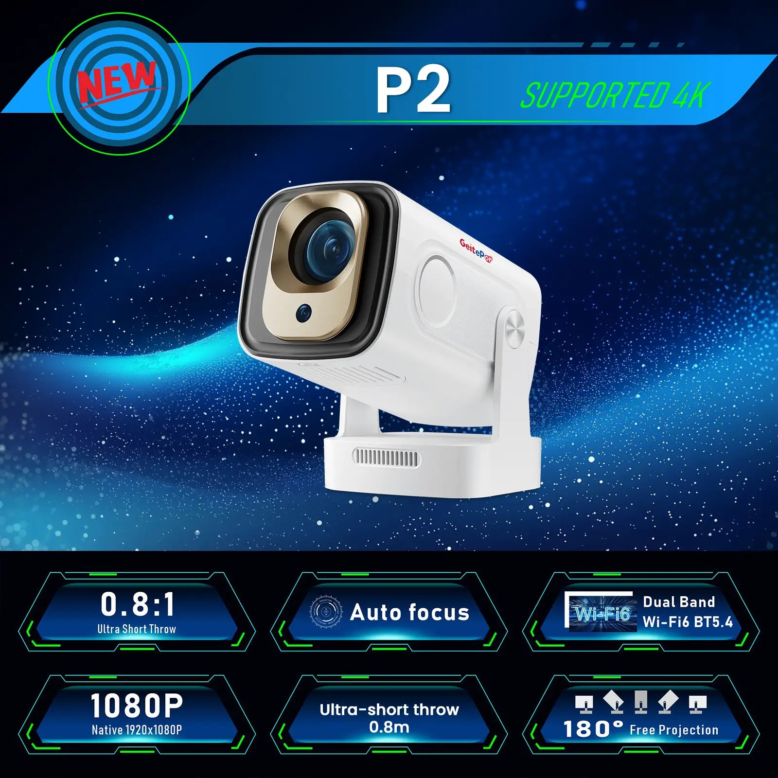 Geitepor P2 Smart 4K Projector with Auto Focus, 0.8:1 Ultra Short Throw, 1080P Resolution, Dual-Band WiFi 6 and Bluetooth 5.4
