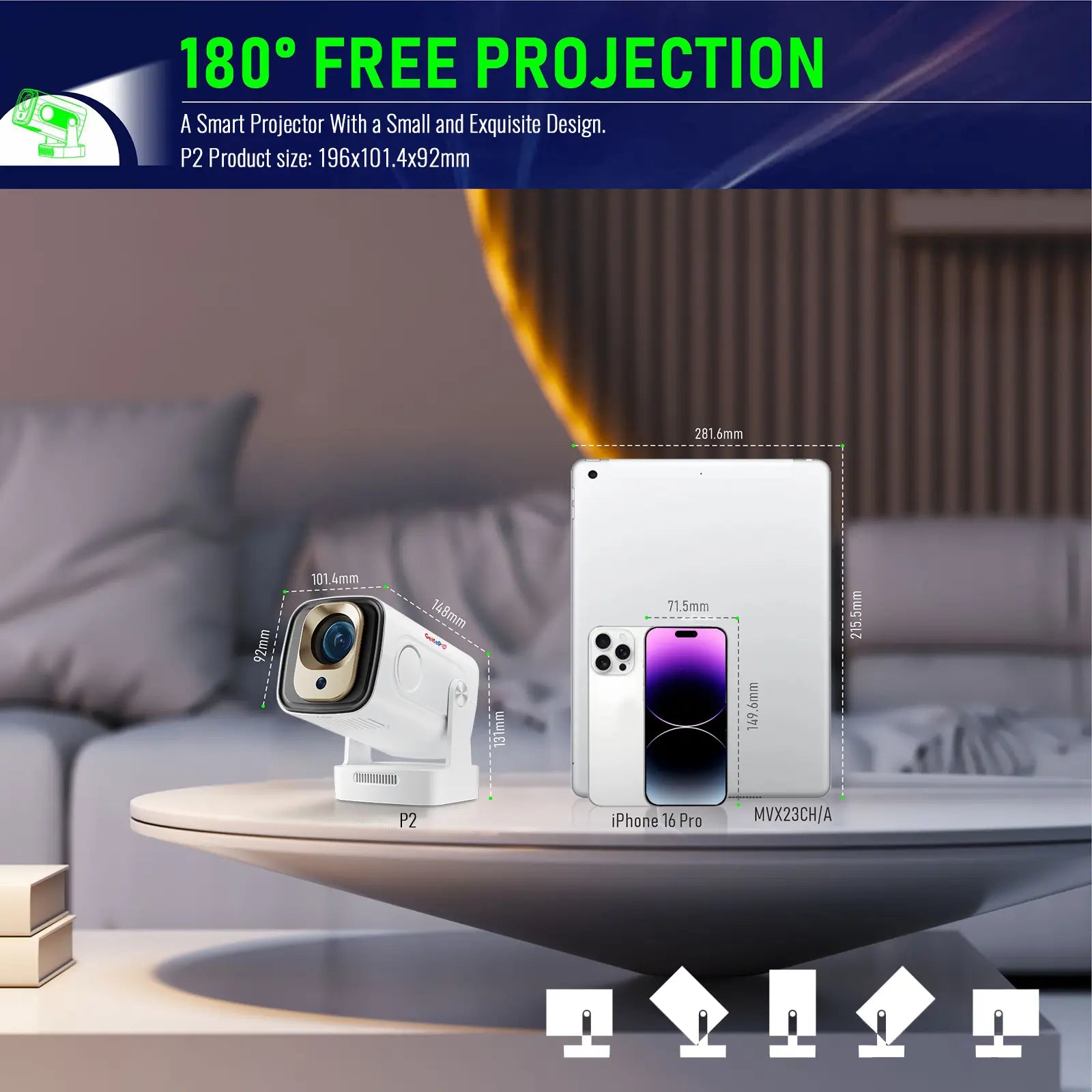 Geitepor P2 mini projector with 180-degree free projection design and compact size compared to iPhone and iPad
