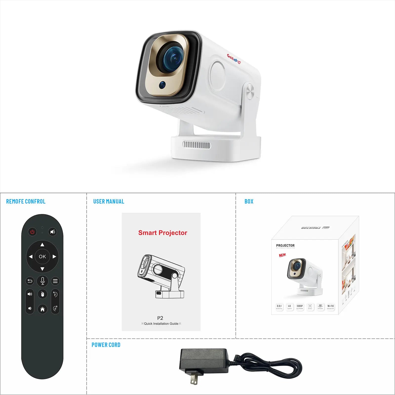 GeiteporP2 projector package includes remote control, user manual, power cord, and retail box
