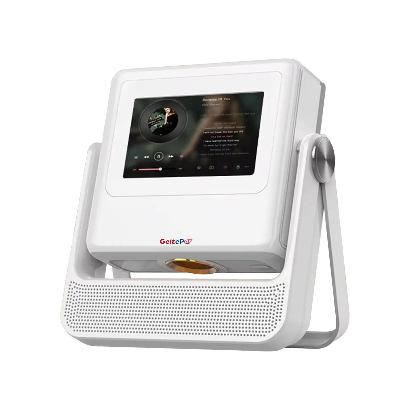A full front view of the Geitepor A5 Pro smart projector in tablet mode, displaying a music player interface. It highlights the sleek white design and integrated sound chamber.