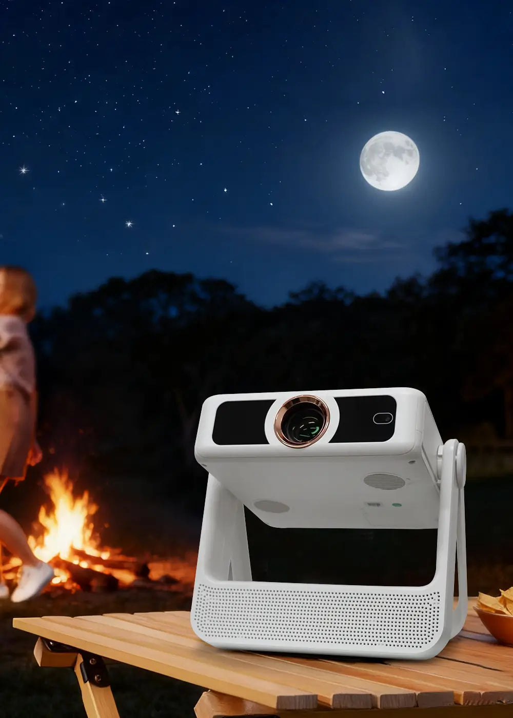 Geitepor A5PRO smart projector used outdoors at night party with friends under the moonlight