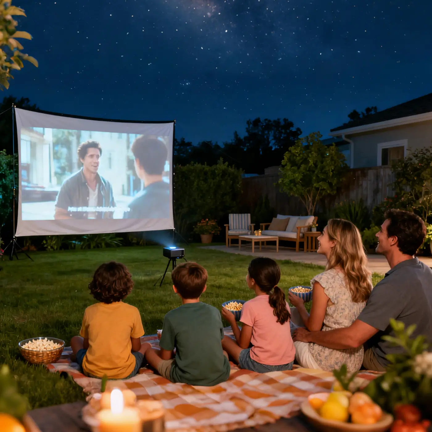 A family of four (parents and two children) enjoying an outdoor movie night in their backyard under a starry sky, enabled by a Geitepor projector, embodying our vision of shared, unforgettable moments.