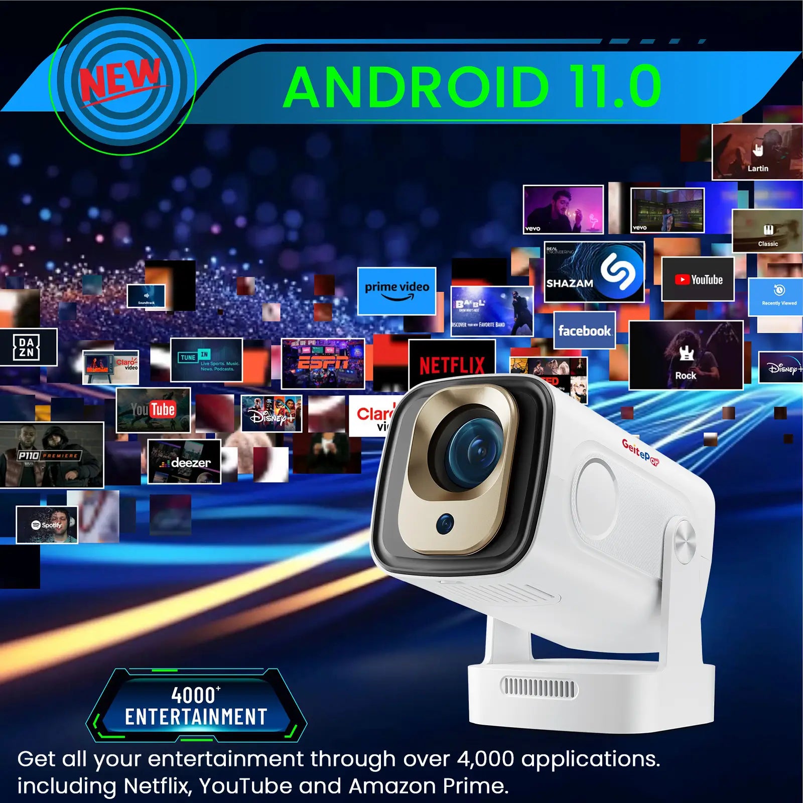 Geitepor K1 projector powered by Android 11, supports over 4000 apps including YouTube, Netflix, Prime Video, and more for immersive entertainment
