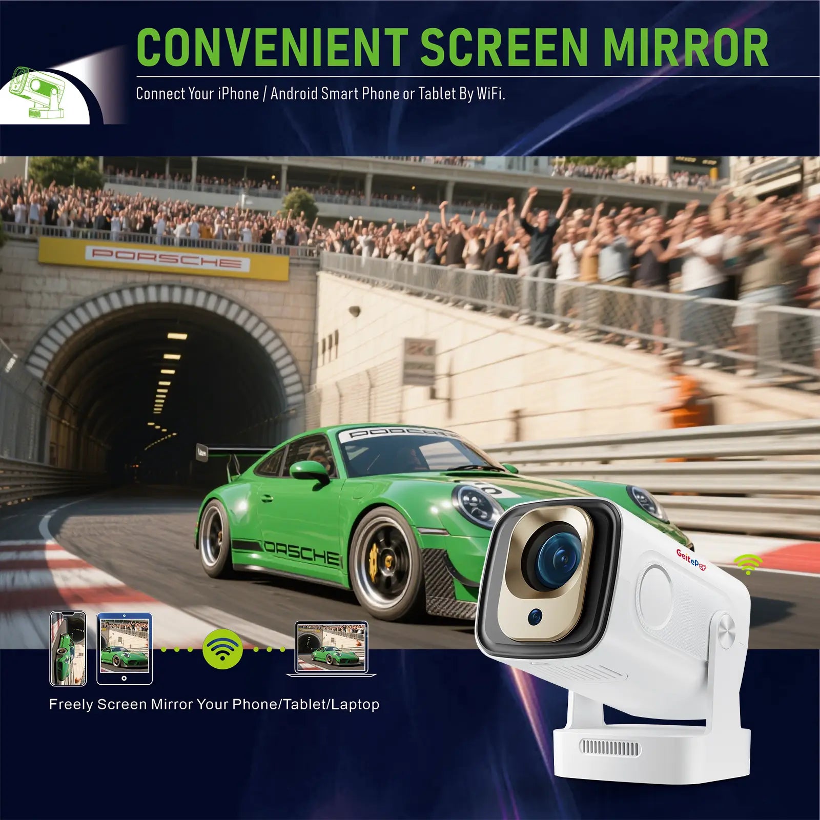 Geitepor K1 projector supports wireless screen mirroring via WiFi for iPhone, Android smartphones, tablets, and laptops
