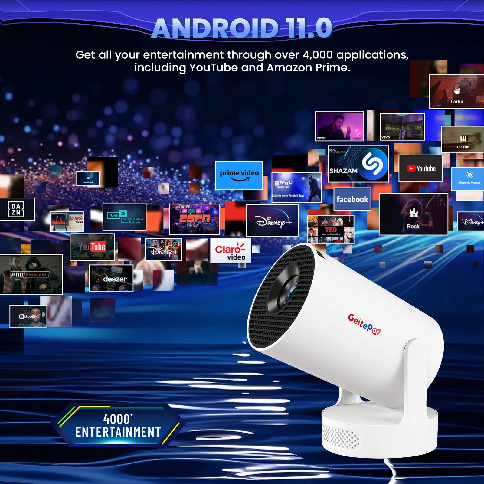 Geitepor K3 smart projector powered by Android 11.0, supports 4000+ apps including YouTube, Prime Video, Disney+, and Netflix
