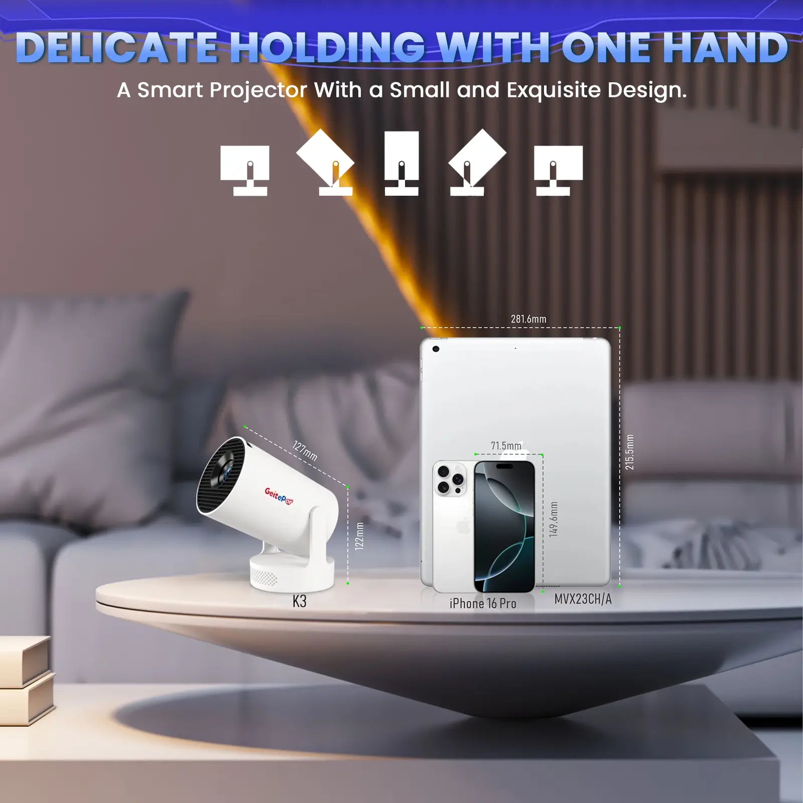 Geitepor K3 mini projector size comparison with iPhone 16 Pro and iPad, compact and portable design
