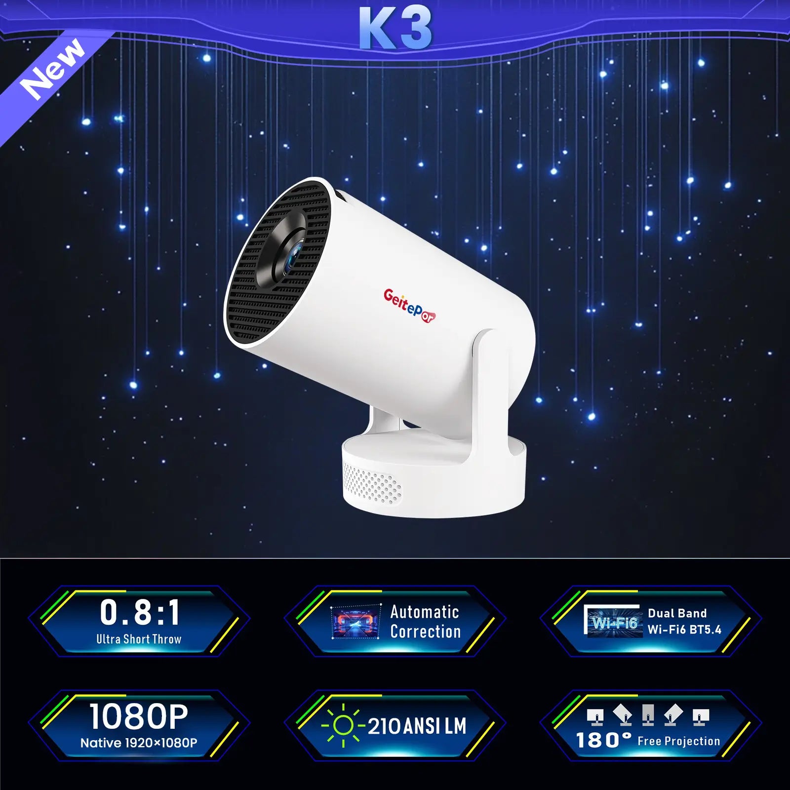 Geitepor K3 smart projector with 1080P resolution, 210 ANSI lumens brightness, ultra short throw, auto keystone correction, dual-band WiFi6 and 180° adjustable projection
