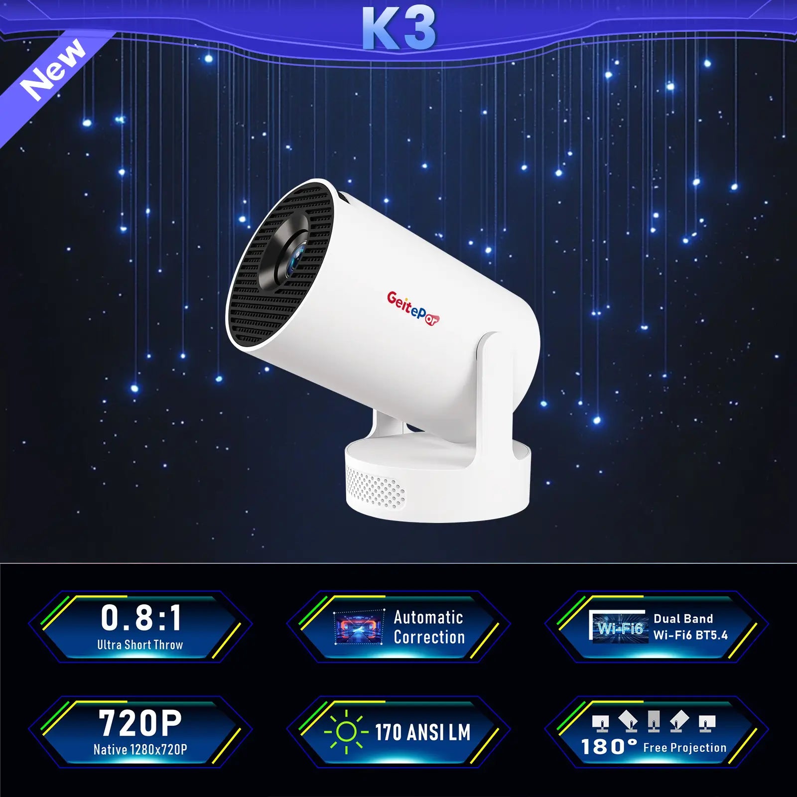 Geitepor K3 smart projector with 720P resolution, 170 ANSI lumens brightness, ultra short throw, auto keystone correction, dual-band WiFi6 and 180° adjustable projection
