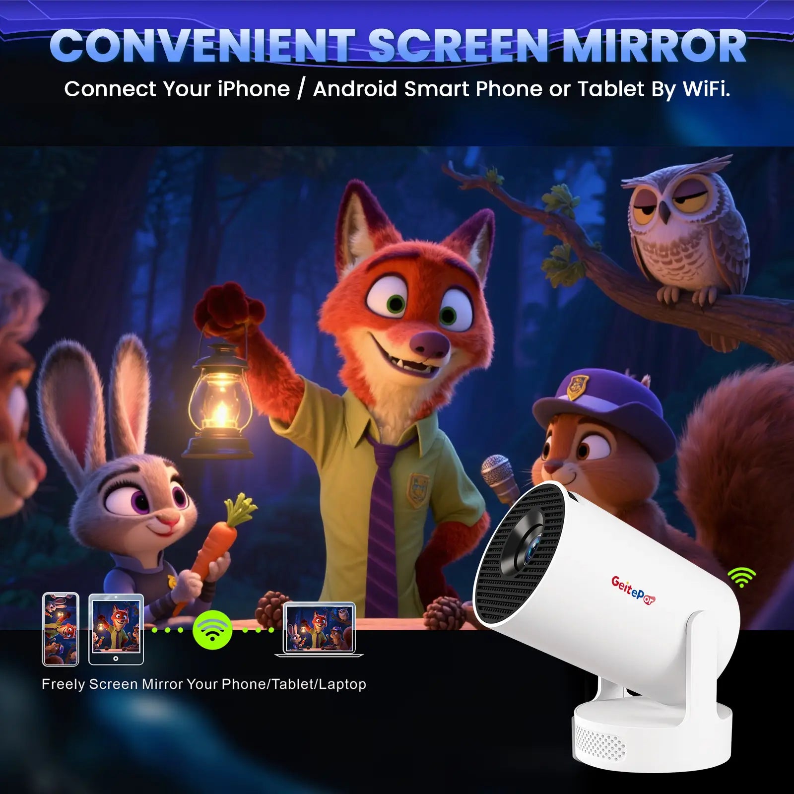 Geitepor K3 projector wireless screen mirroring feature showing iPhone and Android phone streaming to projector via WiFi
