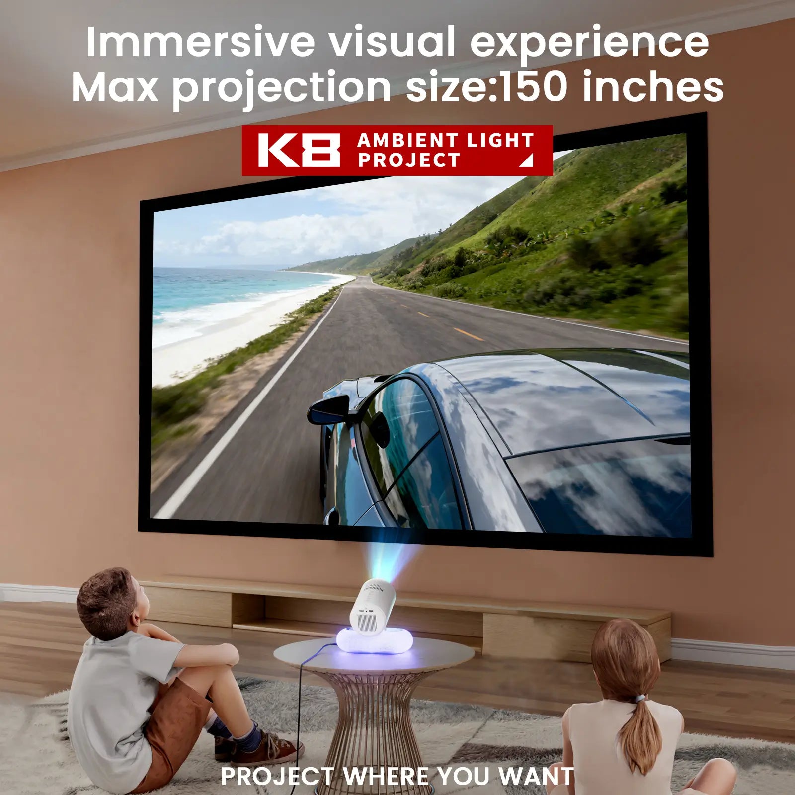 Two children watching a movie on an immersive 150-inch screen projected by the Geitepor K8, demonstrating its capability for creating a large-scale home cinema experience.