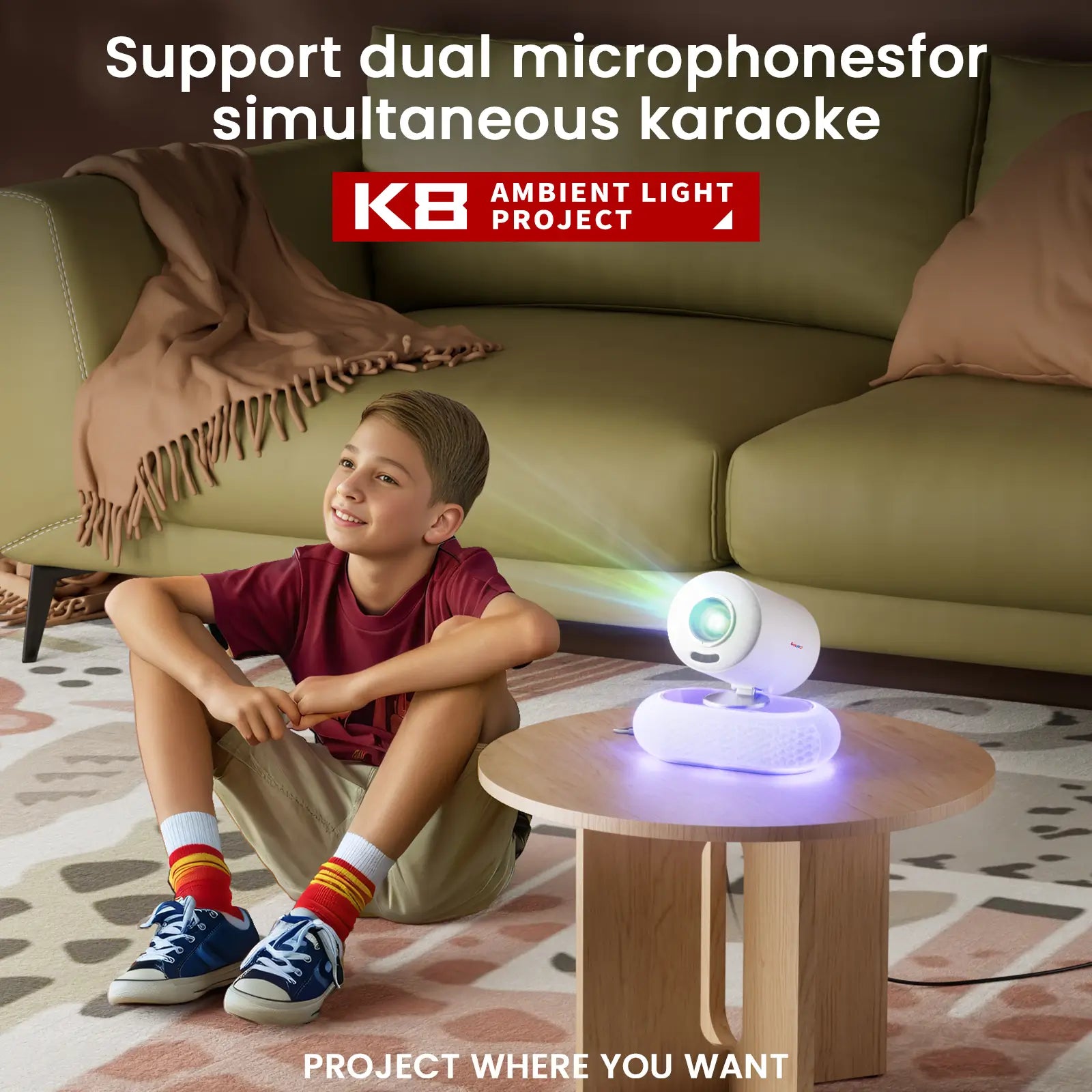 A young boy enjoying family entertainment with the Geitepor K8 projector, watching a movie in the living room.