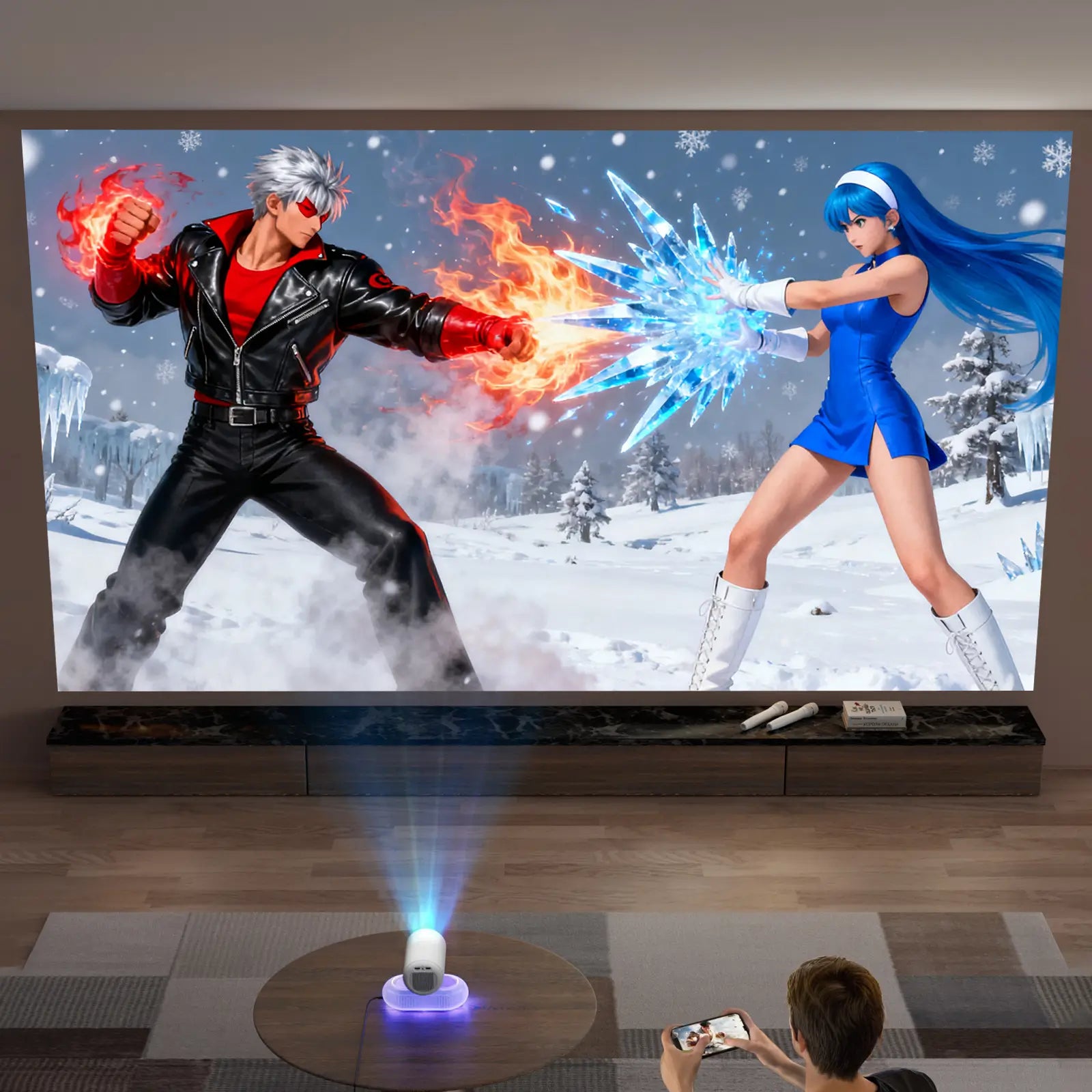 A gamer experiencing immersive, big-screen gaming with the Geitepor K8 projector, casting a vibrant fighting game from a smartphone onto a massive wall.