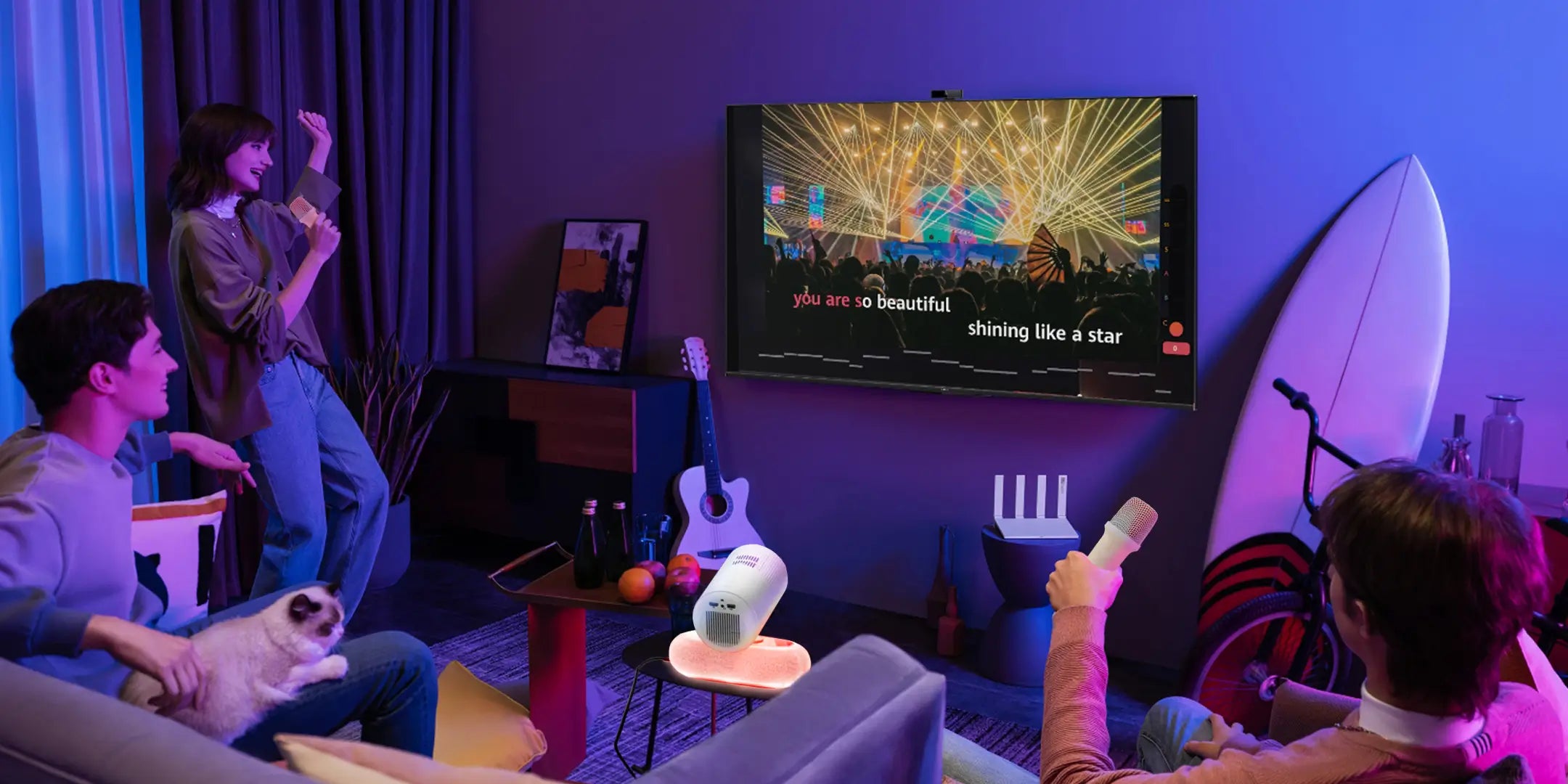 Geitepor K8 projector with wireless microphone for home karaoke and entertainment