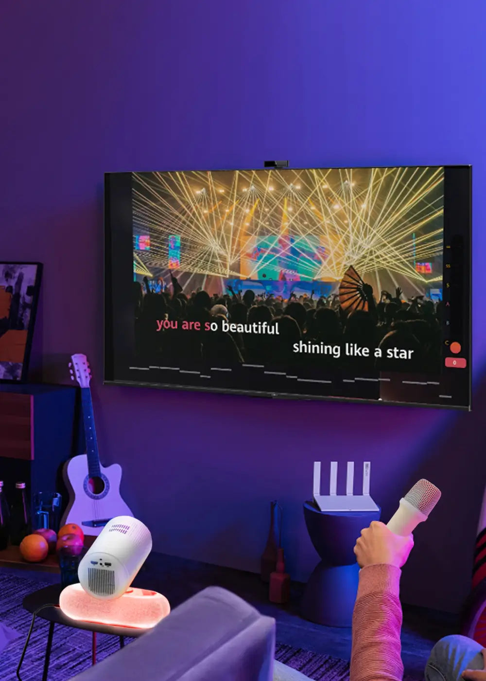 Geitepor K8 projector with wireless microphone for home karaoke and entertainment