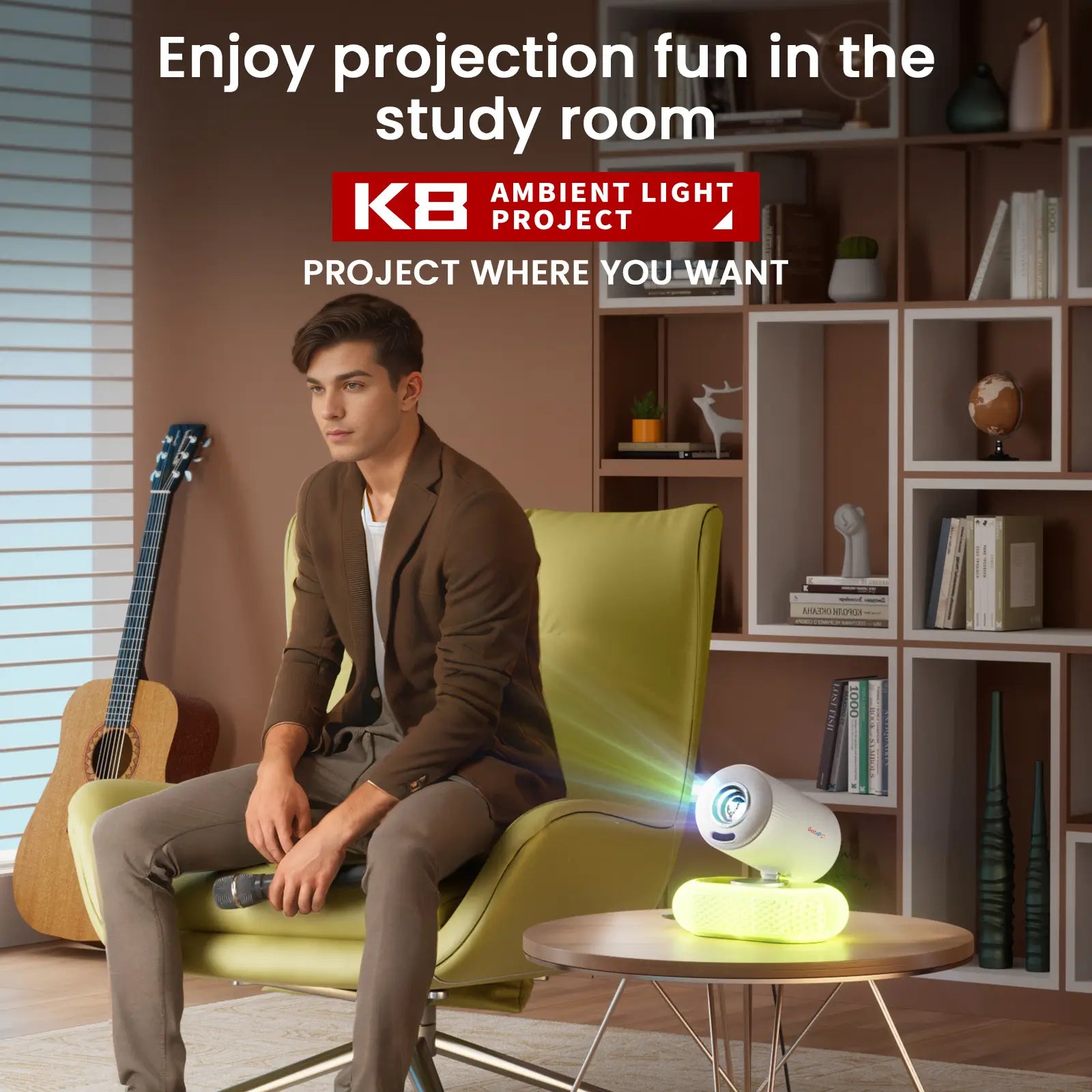 A man relaxing in a modern study room while enjoying content from the Geitepor K8 ambient light projector, highlighting its stylish design for any room.