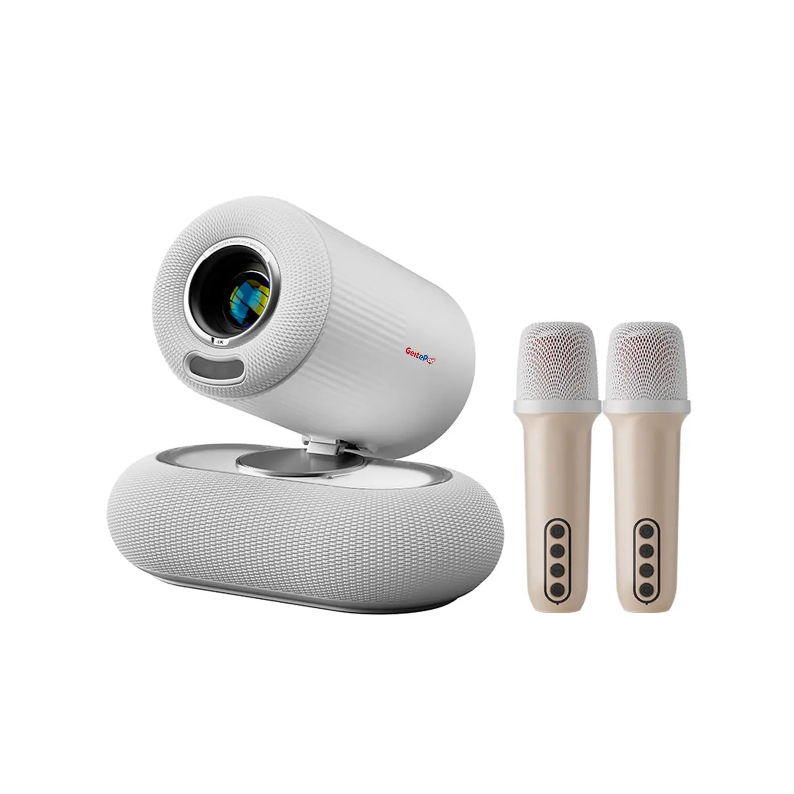 The Geitepor K8 Smart KTV Projector in white, shown with two matching beige wireless karaoke microphones.