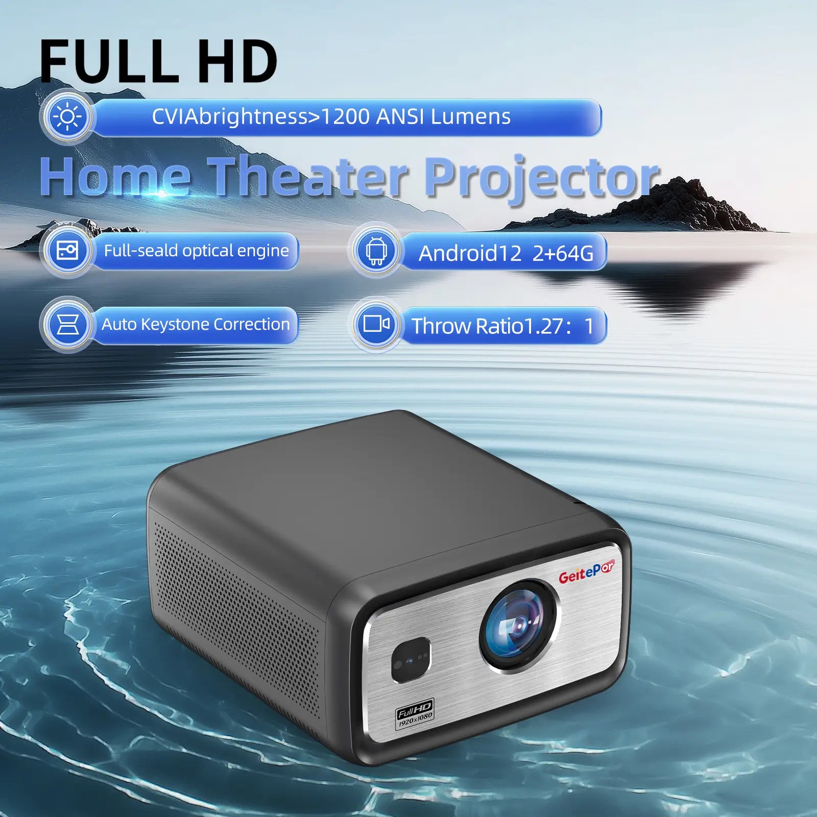 Geitepor LJ5 projector with 1200 ANSI lumens brightness, 1080P Full HD resolution, Android 12 system, auto keystone correction