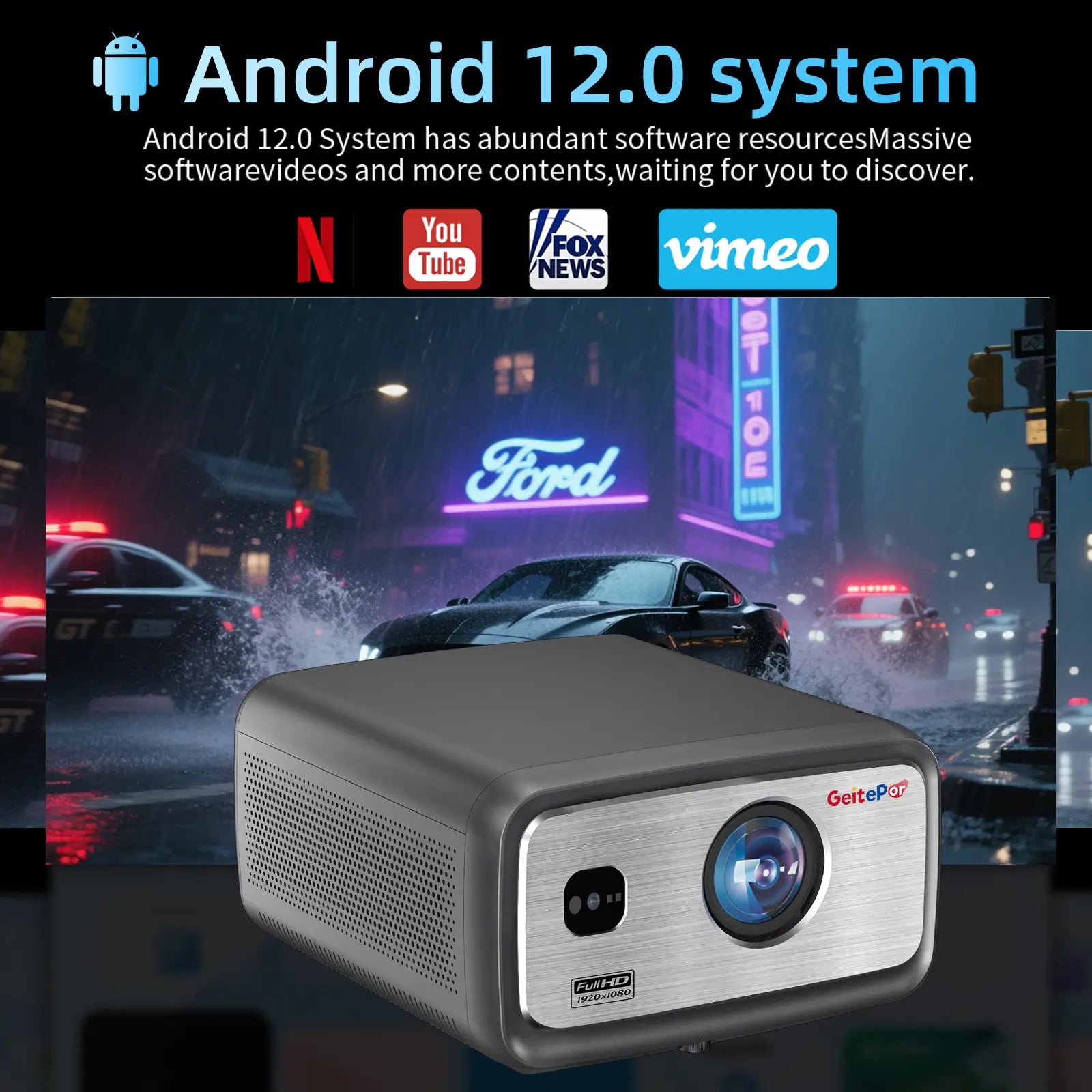 Geitepor LJ5 projector with Android 12.0 smart system supporting Netflix, YouTube, Vimeo and apps for home theater