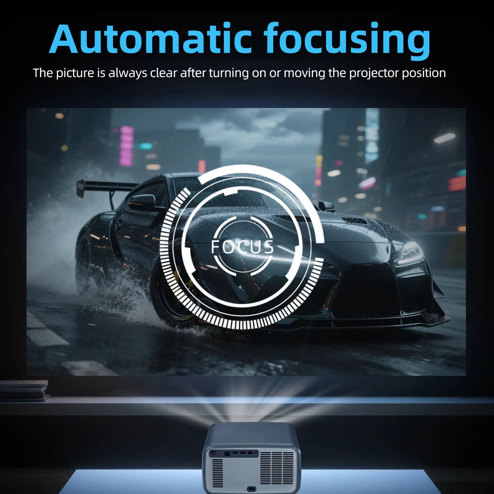 Geitepor LJ5 projector with automatic focusing technology for always clear and sharp images even after moving the projector
