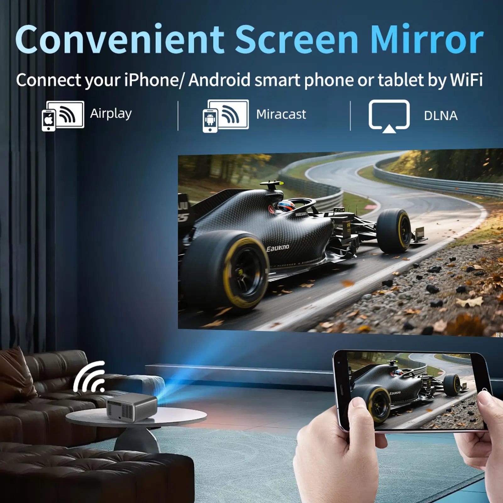 Geitepor LJ5 projector with WiFi screen mirroring, Airplay, Miracast and DLNA for iPhone and Android devices