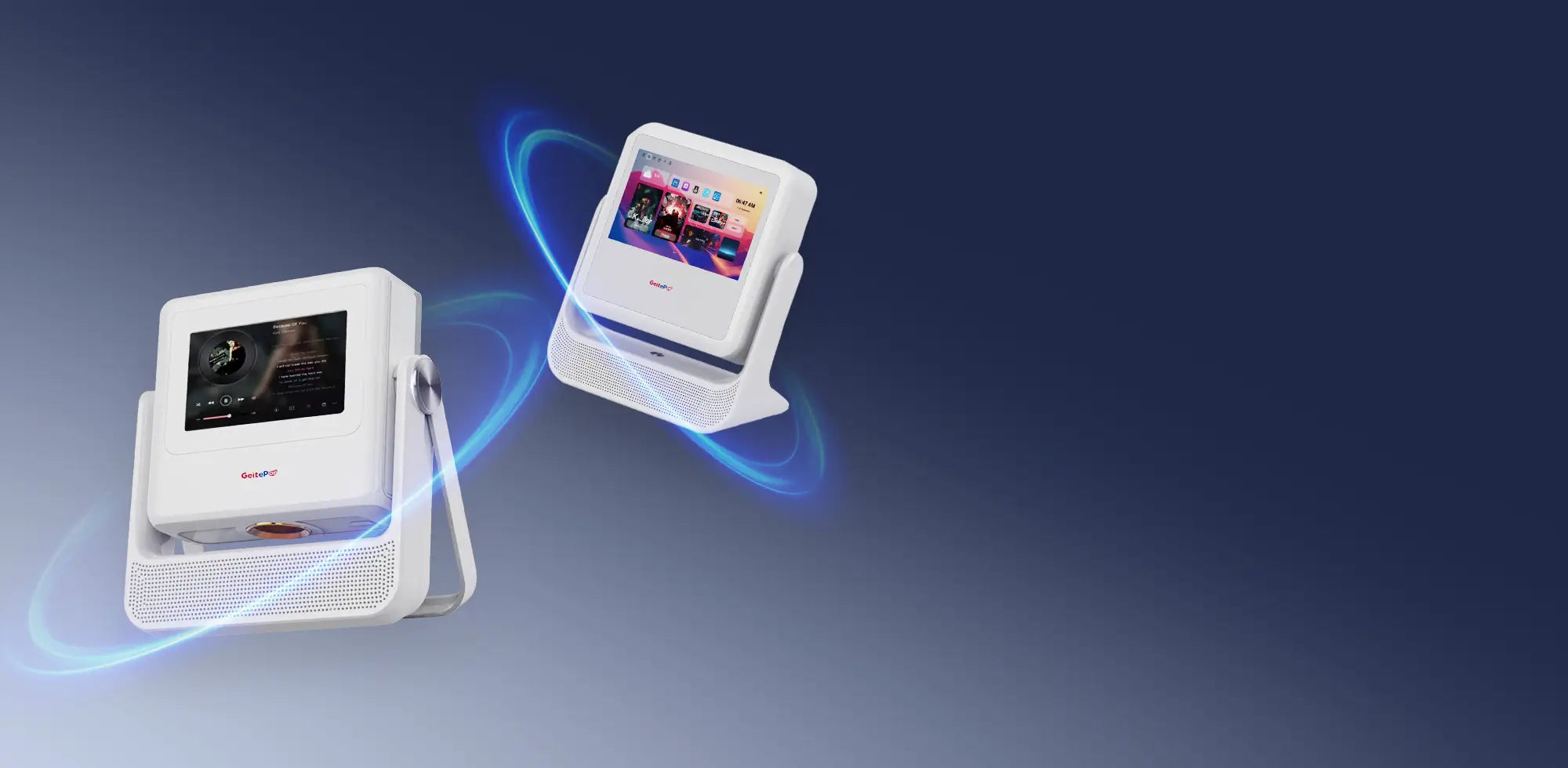 Two floating Geitepor portable smart projectors with a modern white design, displaying smart user interfaces for entertainment anywhere.