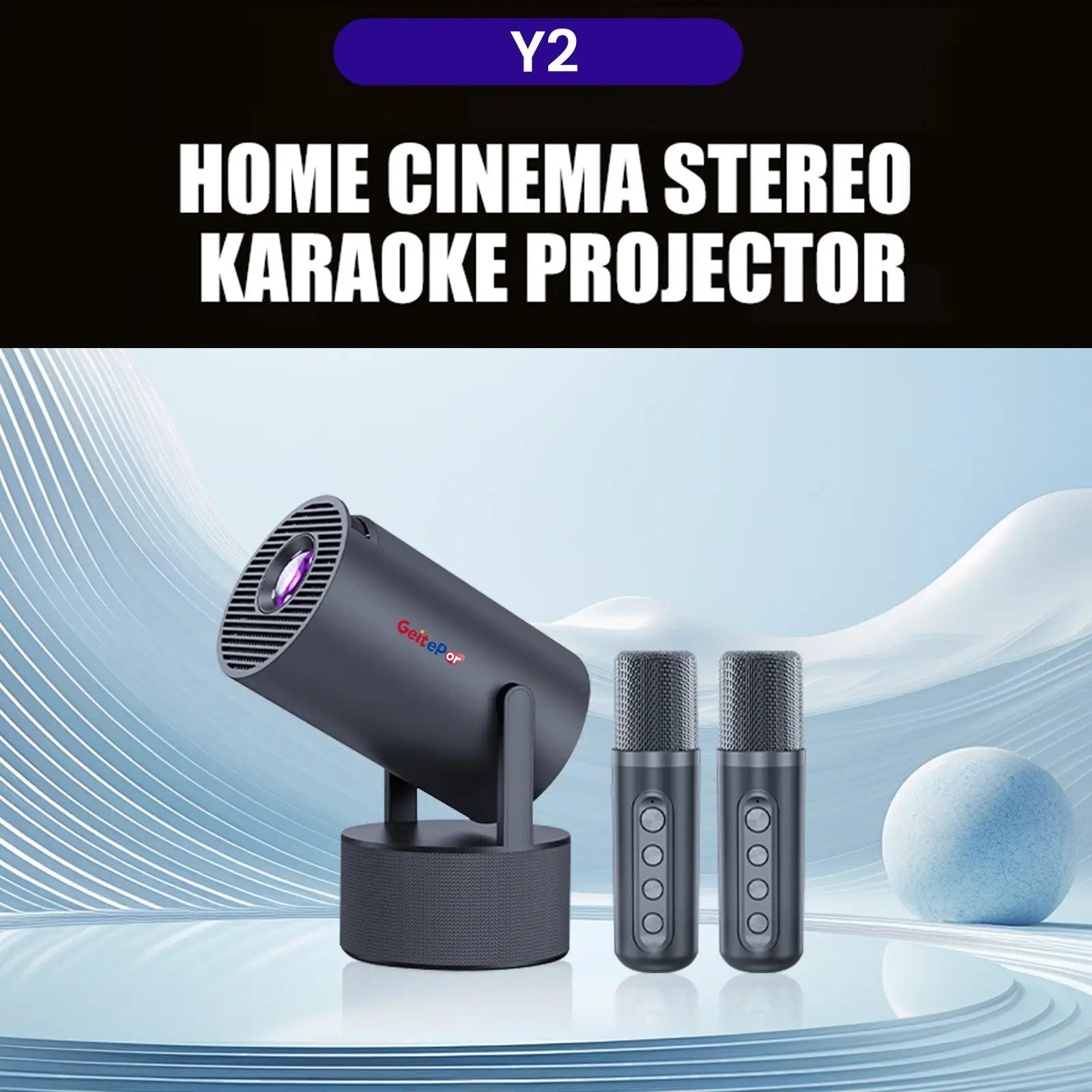 Geitepor Y2-KTV home cinema stereo karaoke projector with dual wireless microphones for family entertainment