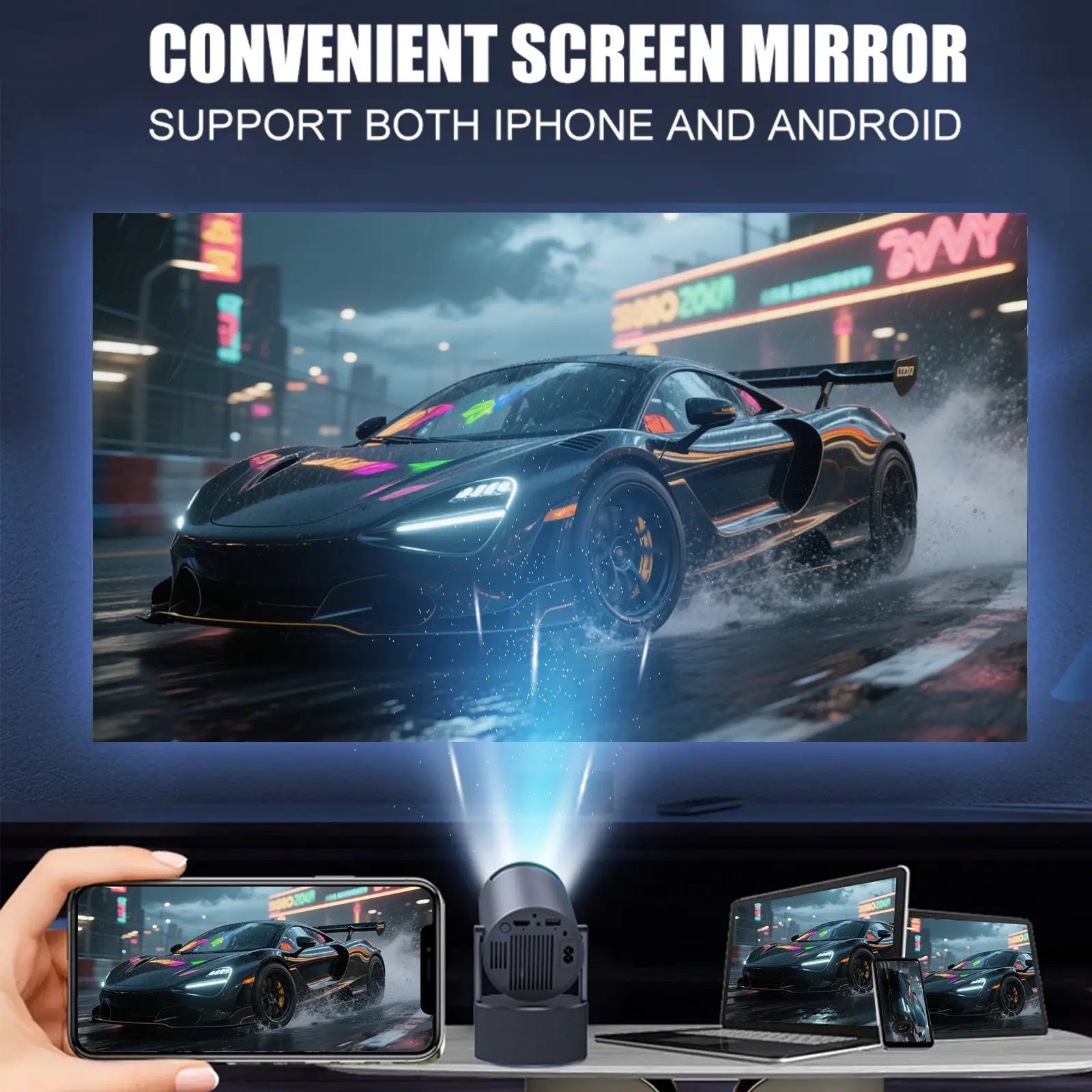 Geitepor Y2-KTV projector with convenient wireless screen mirroring, compatible with both iPhone and Android devices for seamless streaming