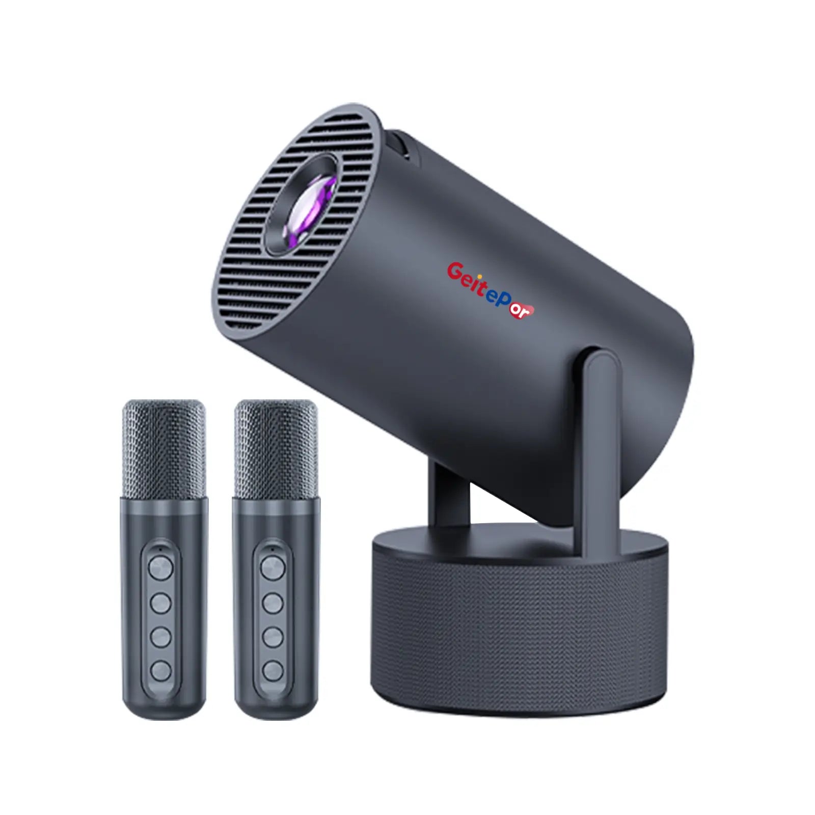 Geitepor Y2-KTV smart projector with dual wireless microphones for home theater and karaoke entertainment
