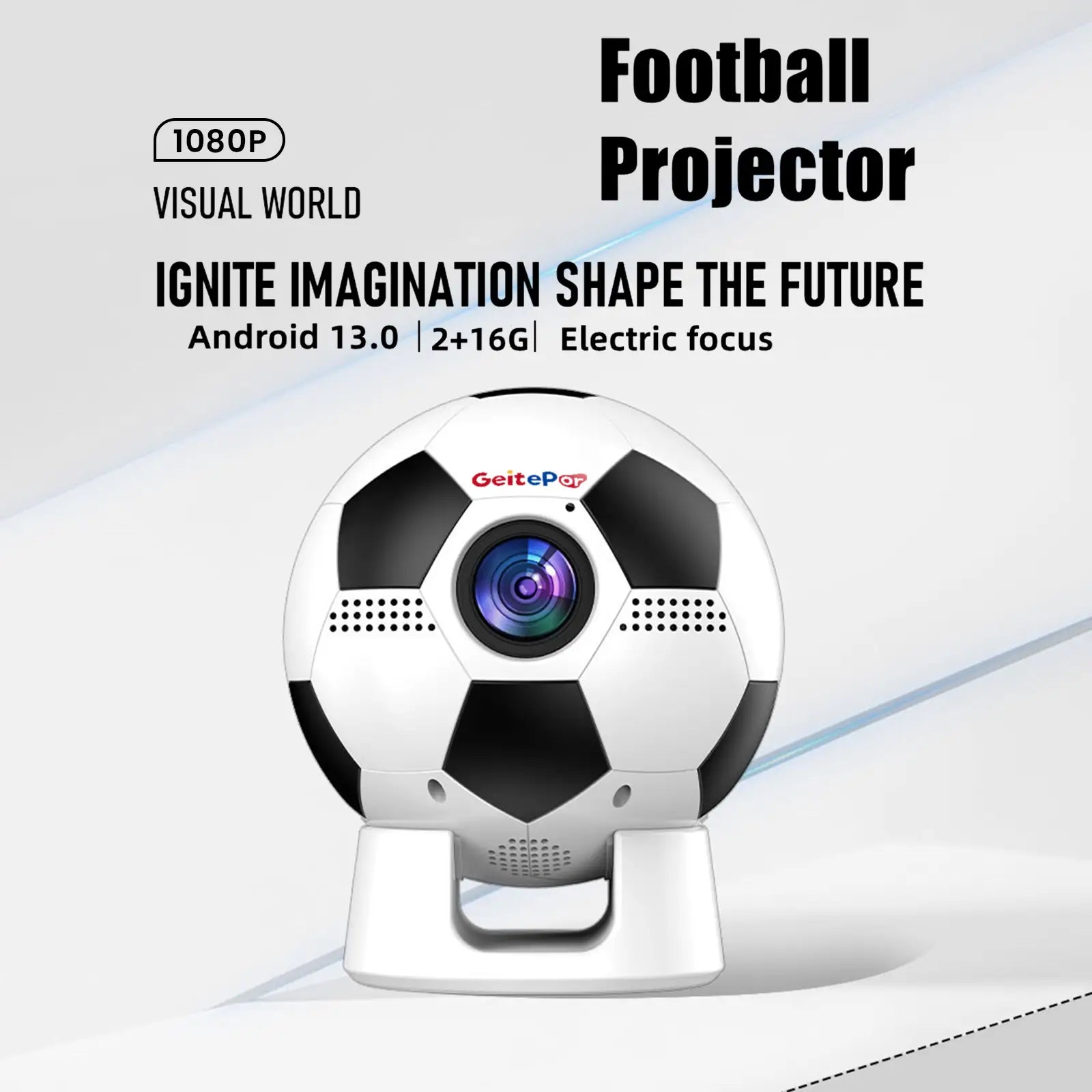 Main image of the GeitePor Y6 Football Projector, highlighting its native 1080P resolution, Android 13.0 system, 2+16G memory, and electric focus.