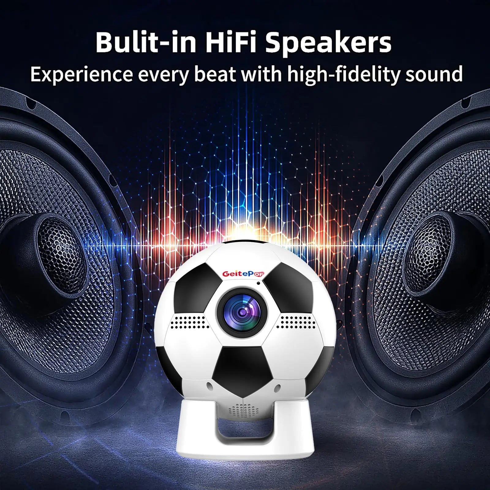 A feature graphic illustrating the Geitepor Y6 projector's built-in 3W Hi-Fi speaker, providing clear and powerful audio.