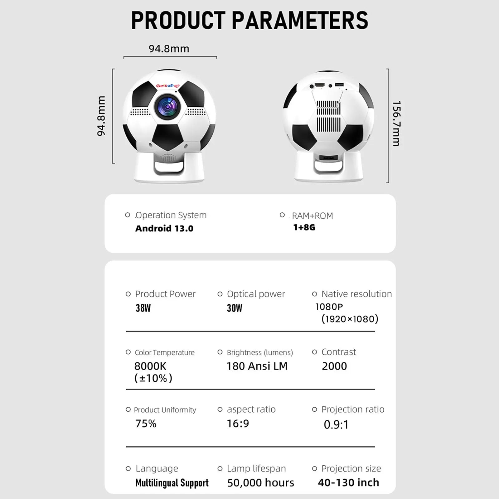 Full specifications sheet for the GeitePor Y6 projector, detailing its 1080P native resolution, 180 Ansi lumens, Android 13.0, 2+16G memory, and product dimensions.