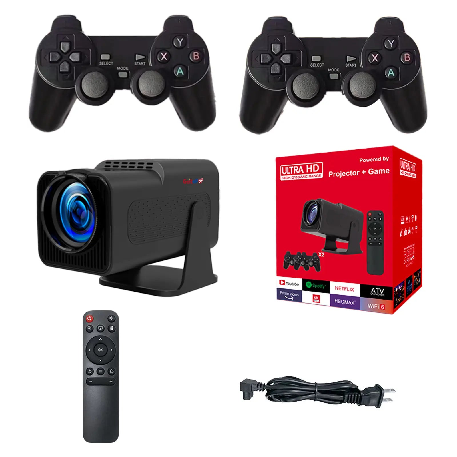 Geitepor YB1 gaming projector full set with dual controllers, remote, power cable, and retail box – smart projector for movies and video games.