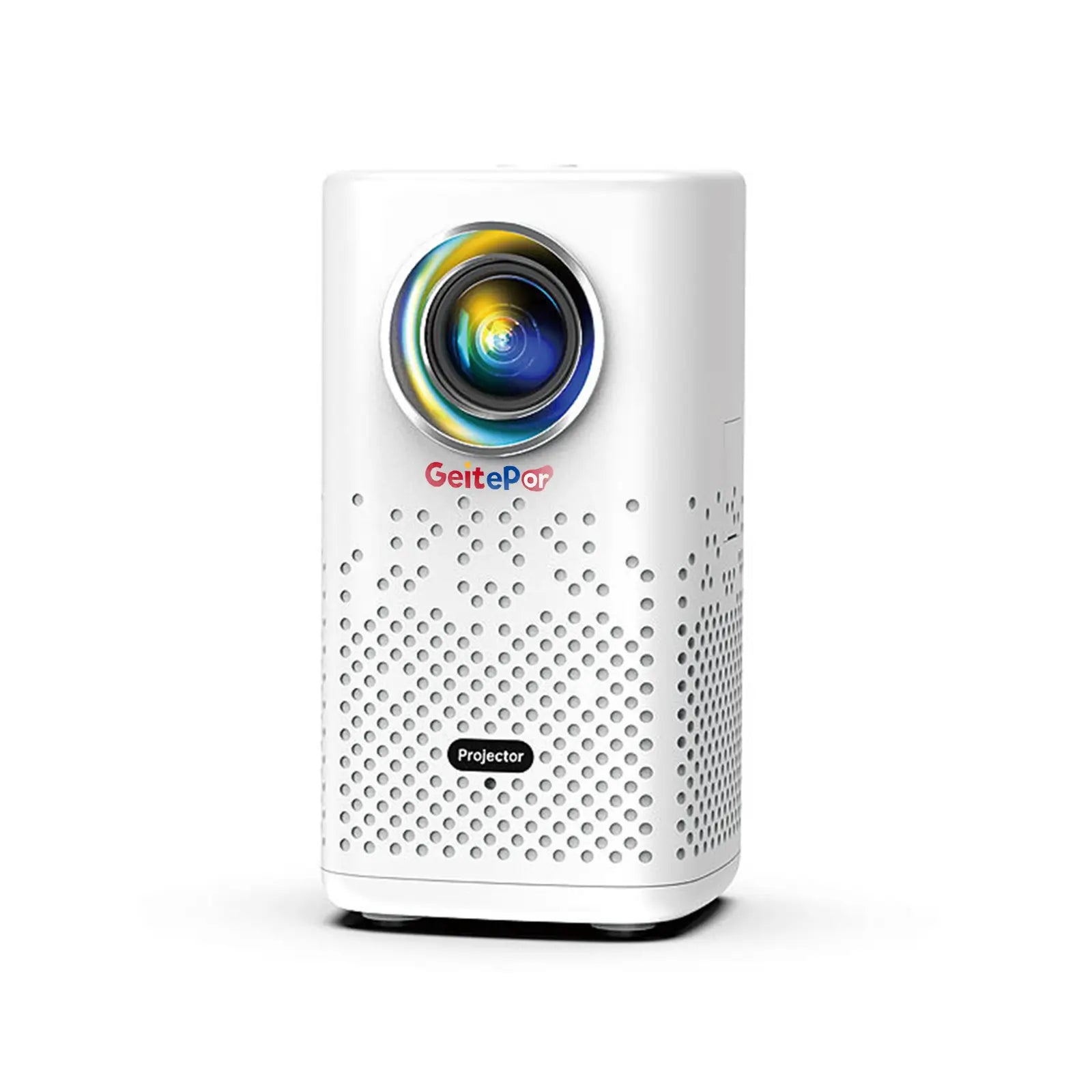 A high-quality product photo of the H1P portable smart projector in a clean white finish, viewed from a slight angle. The projector has a compact, vertical design with a prominent lens and a perforated speaker grille on the side.