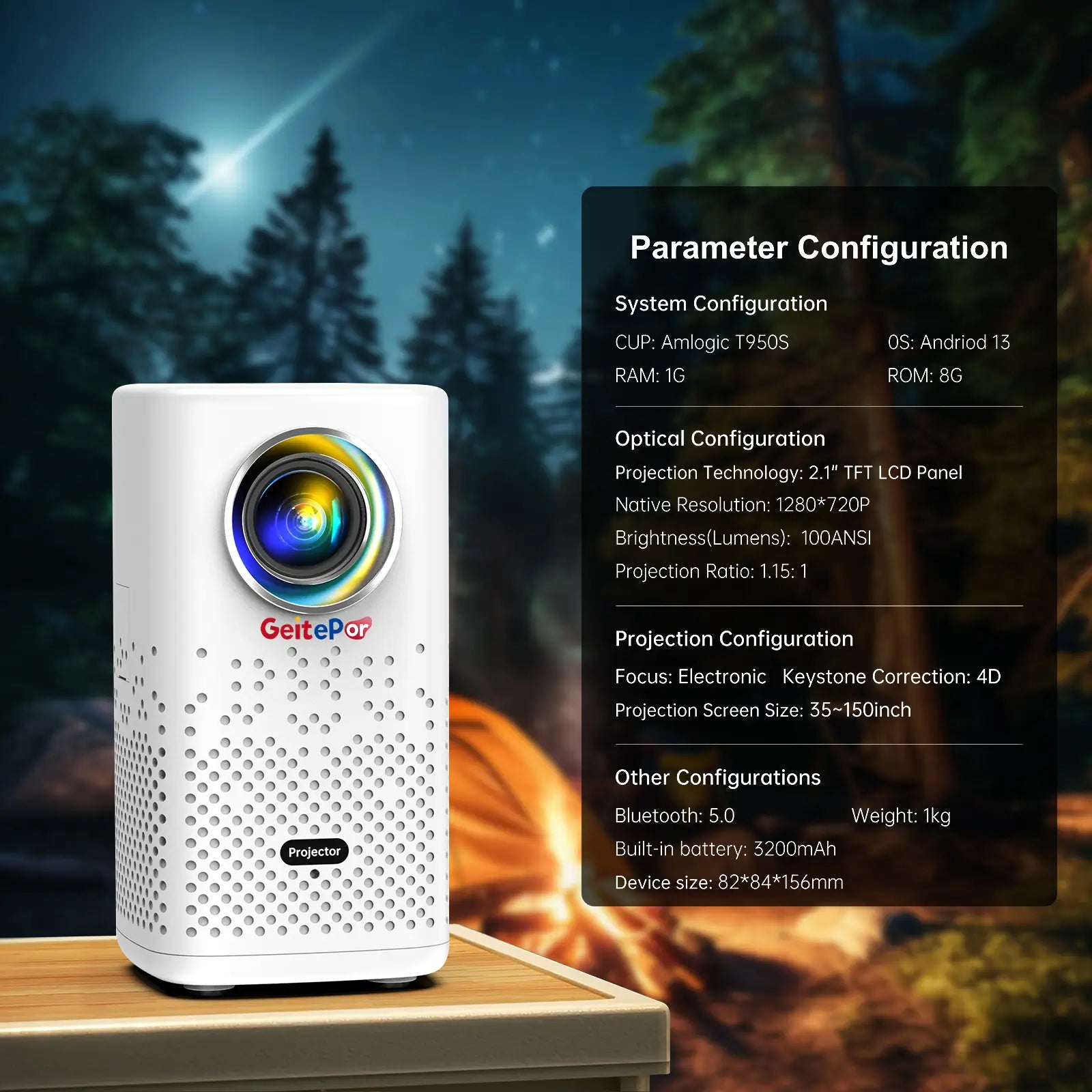 The H1P projector is shown in an outdoor camping scene with a bonfire in the background. An overlay displays its full parameter configuration, including system specs like Android 13, and projection features like 720P native resolution and a built-in 3200mAh battery.