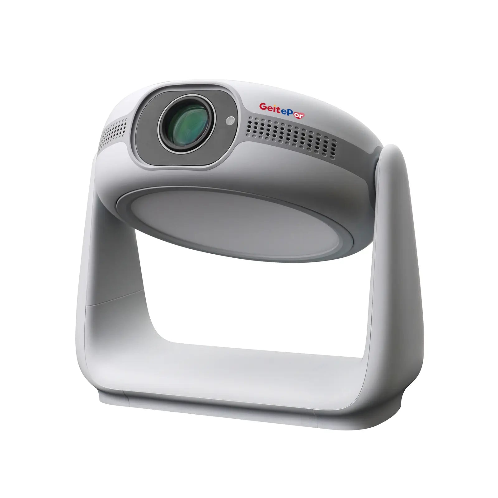 A clean product photo of the white K1 smart projector, showing its unique integrated pan-and-tilt stand design.